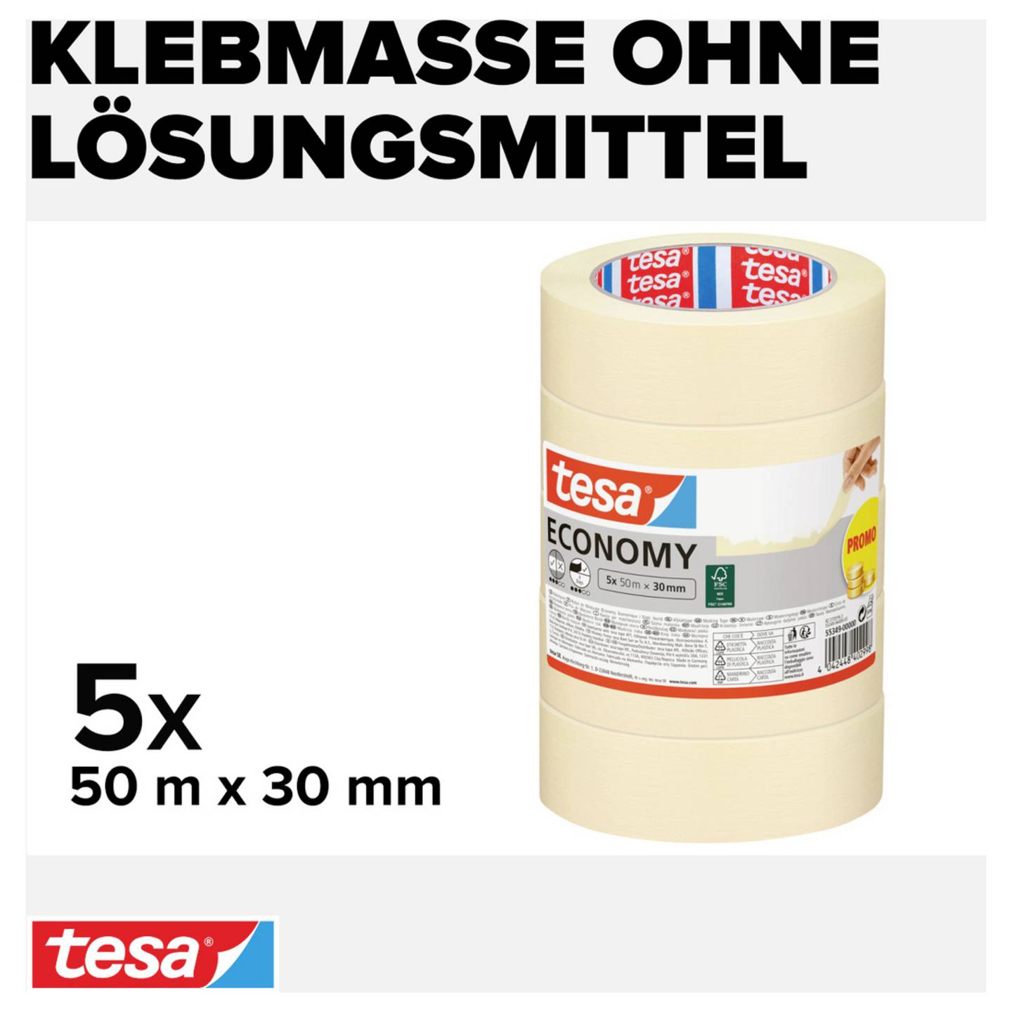 tesa Economy Multipack 50m x 30mm Klebeband Abdeckband Malerkrepp Tape 5 Stück - 4042448402998