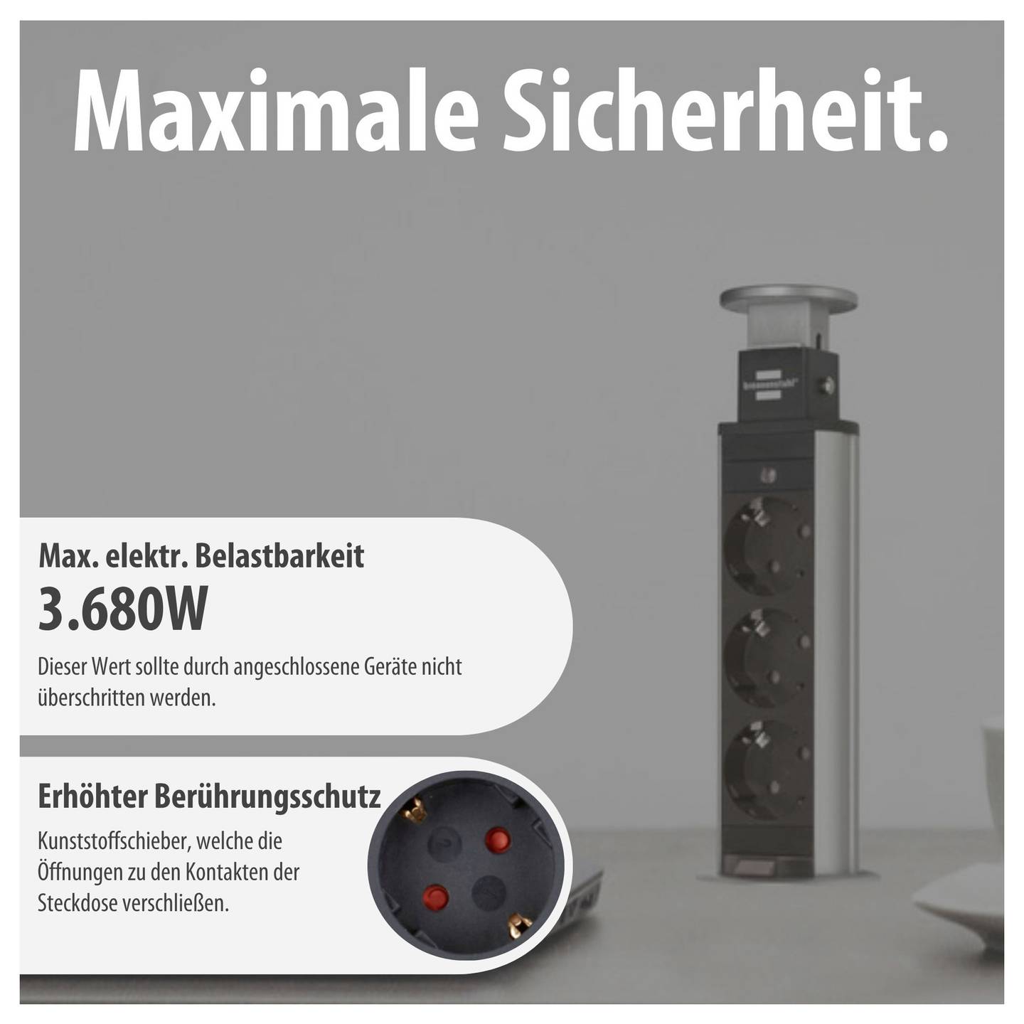 Brennenstuhl Steckdosenturm 3-fach Tischsteckdose versenkbar Aluminium Schwarz - 4007123632855
