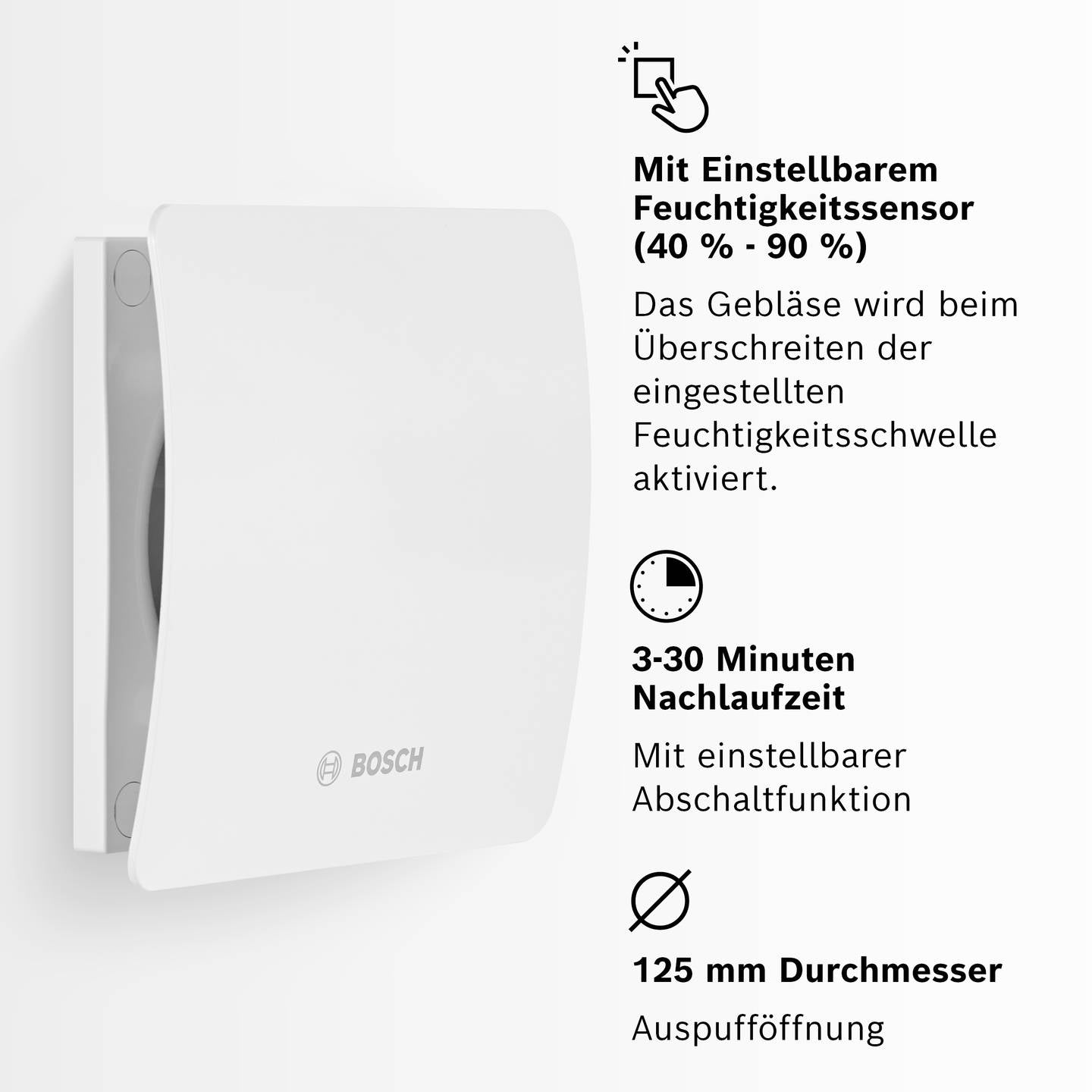 Bosch Wandlüfter Badlüfter 1500W Heizlüfter Ventilator 182m³/h 125mm weiß - 4062321172305