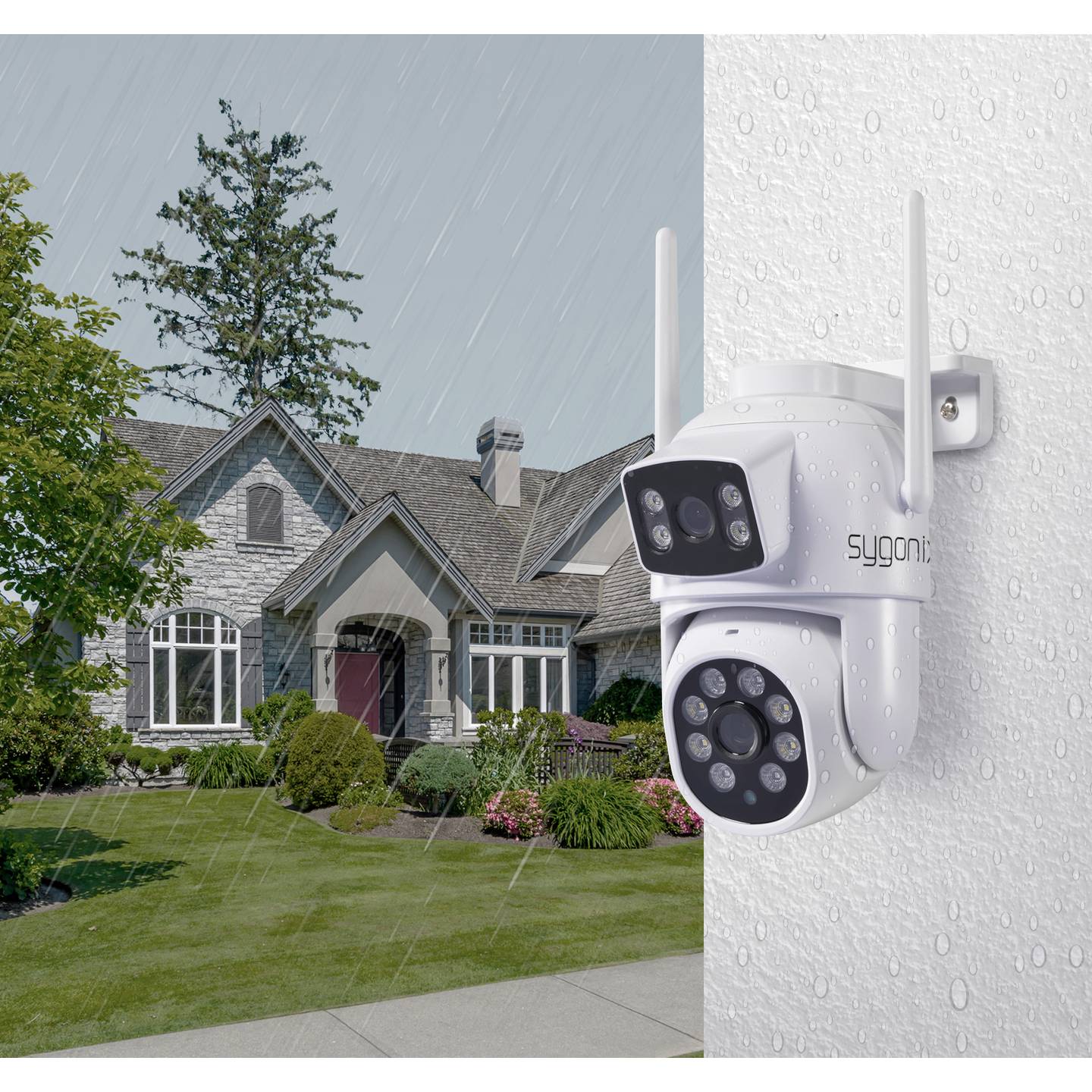 Sygonix WLAN IP Überwachungskamera 1920x1080 Pixel mit 2 Objektiven weiß IP65 - 4064161323237