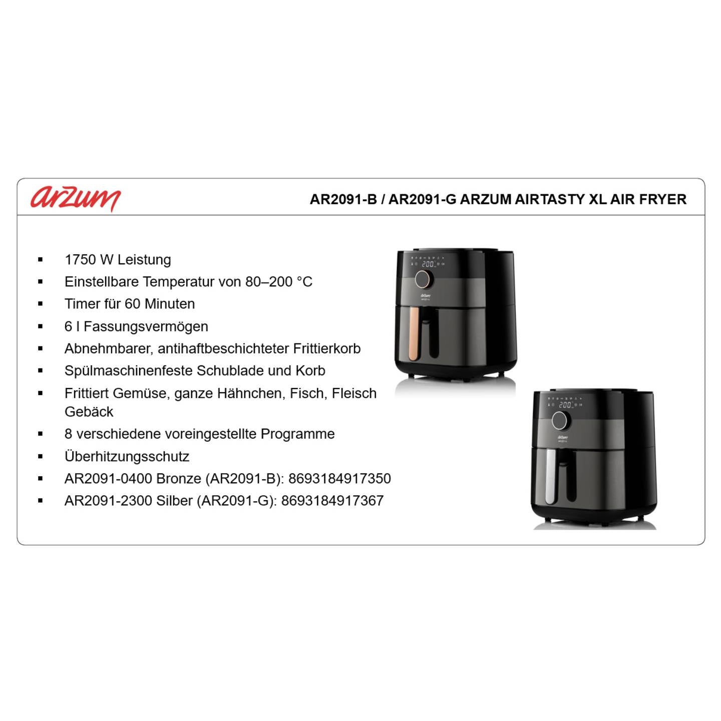 arzum Heißluftfritteuse Airfryer Fritteuse 6l 1750W Display Timer Schwarz - 8693184917350