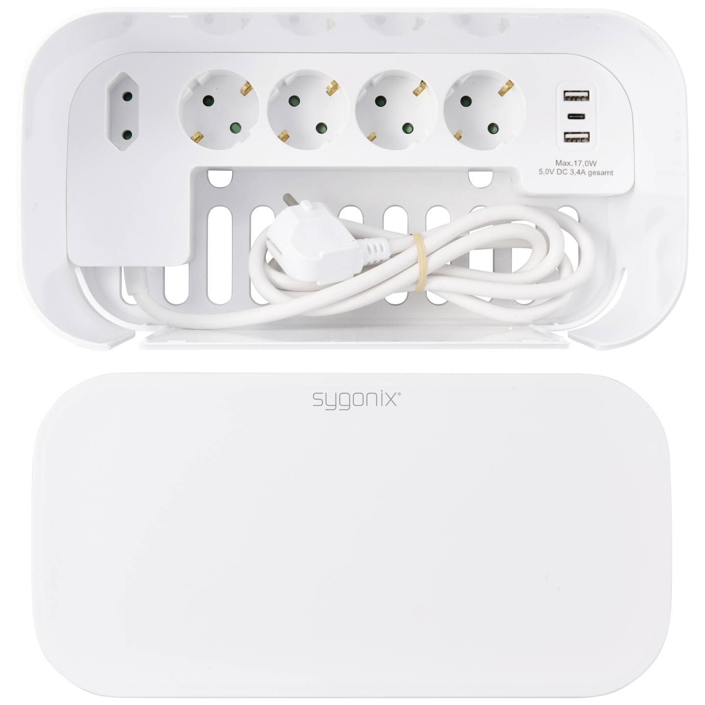 Sygonix Steckerbox Steckdosenleiste 5-fach USB Schutzkontakt Kabelmanagement - 4064161319506