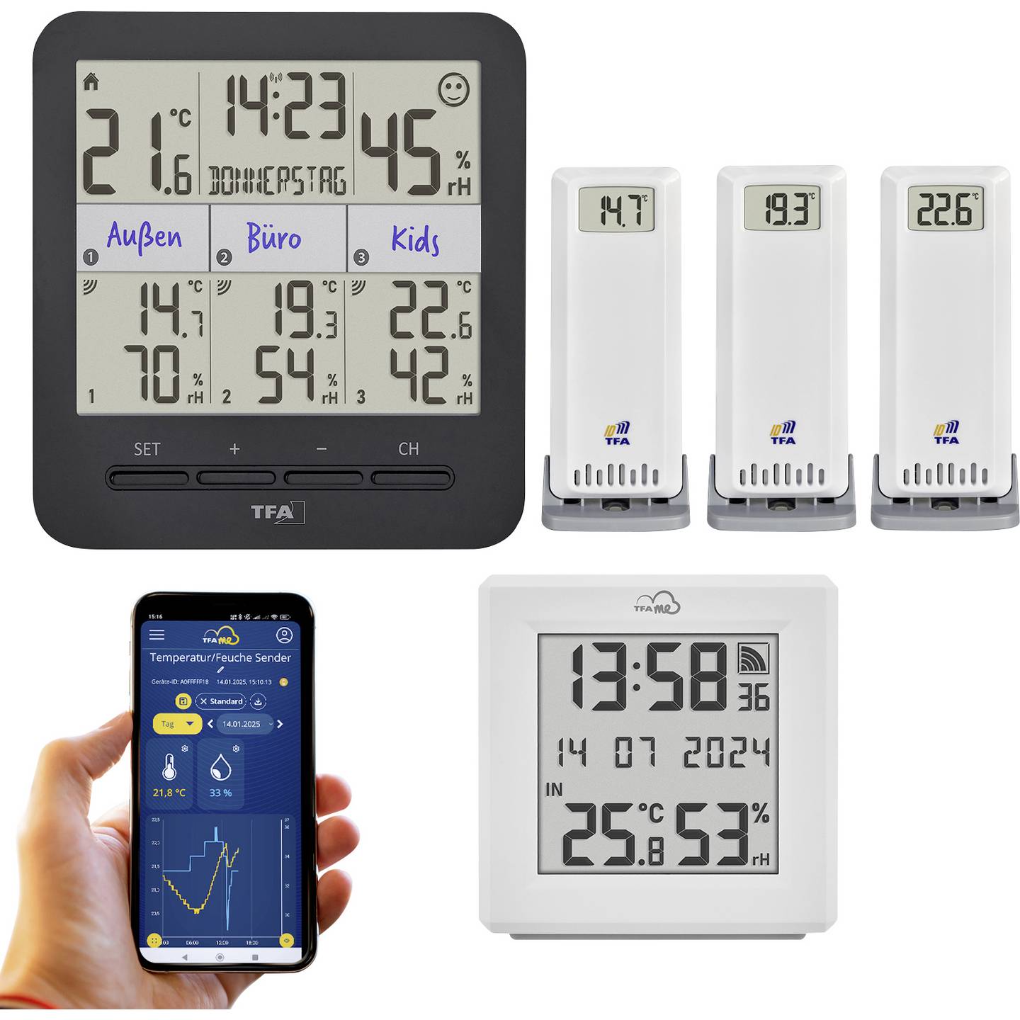 TFA Funk Thermometer Hygrometer Set Klimaüberwachung Gateway Schwarz Digital - 4009816043788