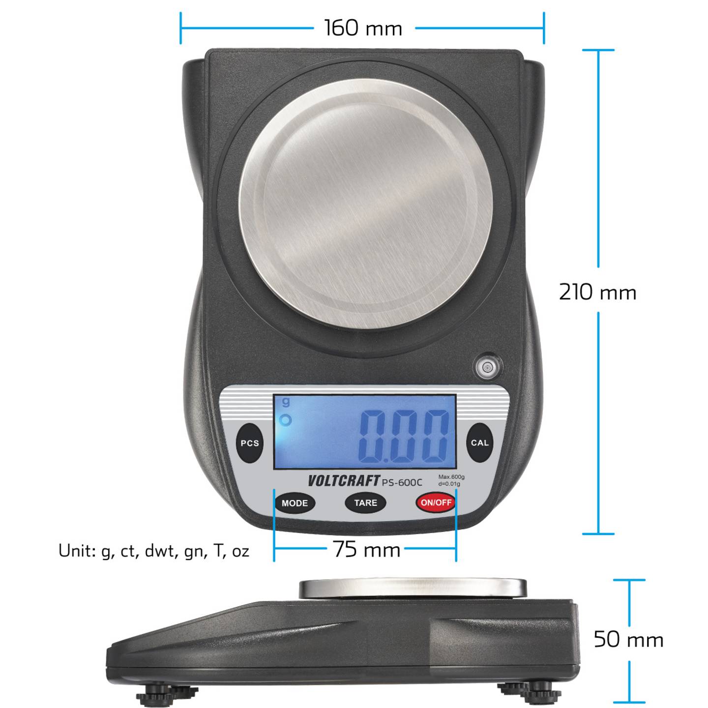 VOLTCRAFT PS-600C Präzisionswaage 600g Edelstahl digital Stückzählung schwarz - 4064161293509