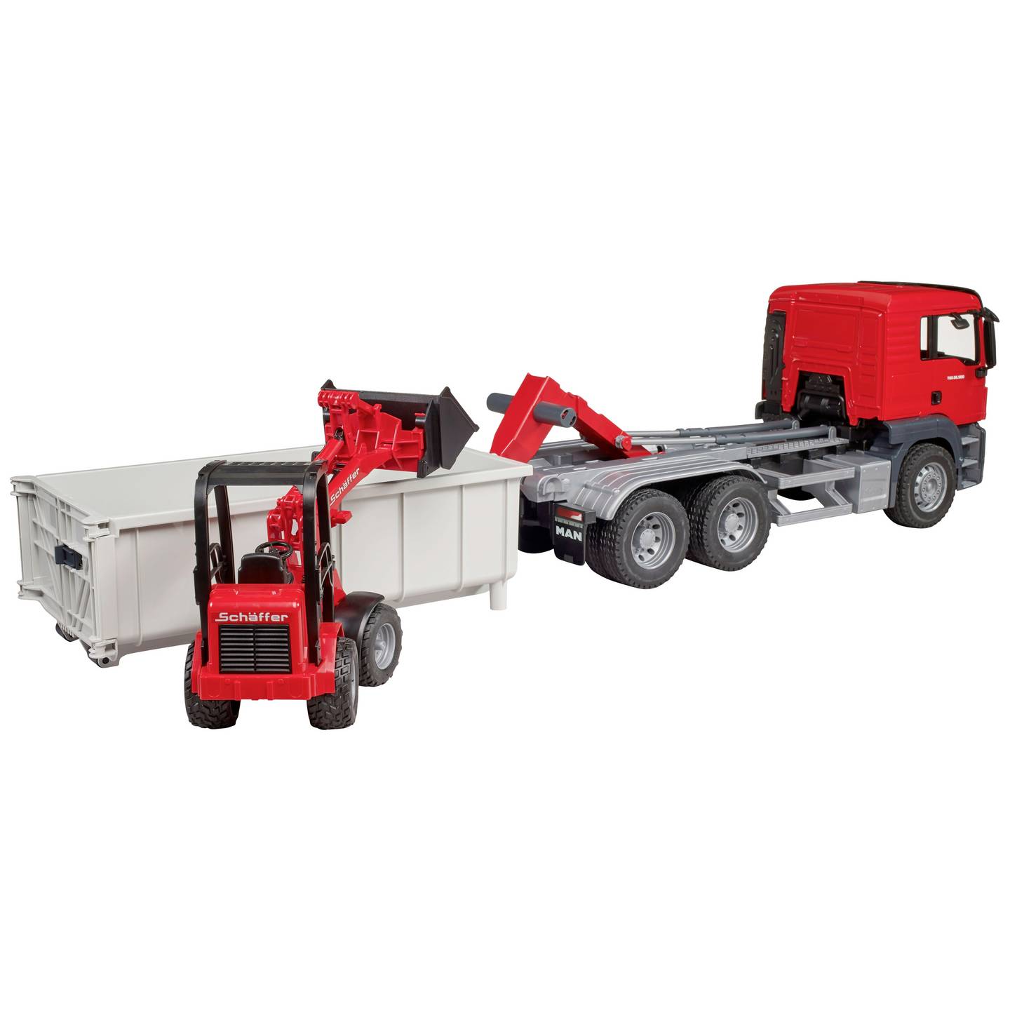 Bruder LKW Modell MAN TGS Abrollcontainer Schäffer Hoflader Spielzeug 1:16 - 4001702037673