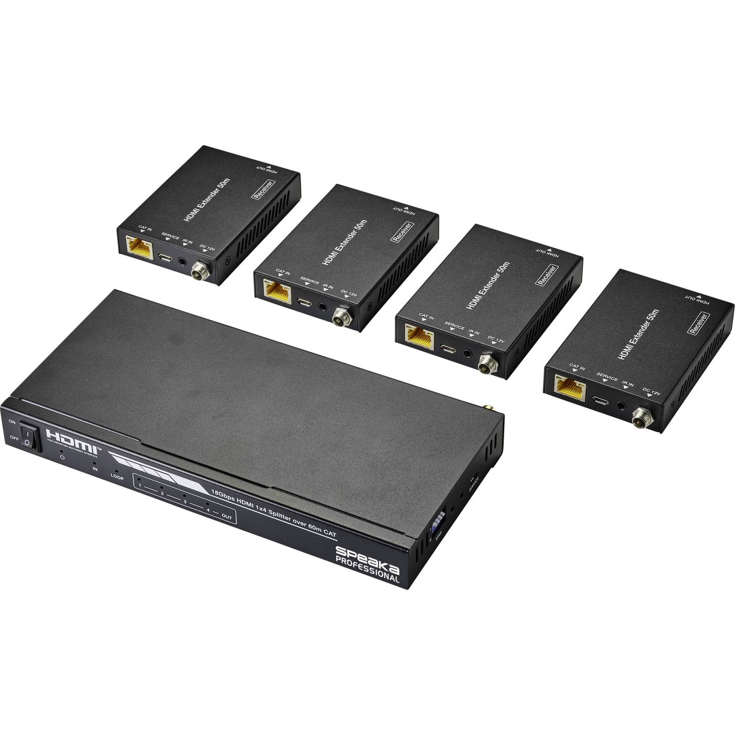 SpeaKa HDMI Extender Set mit 1 Sender und 4 Empfängern, 50 m über RJ45 - 4064161177144