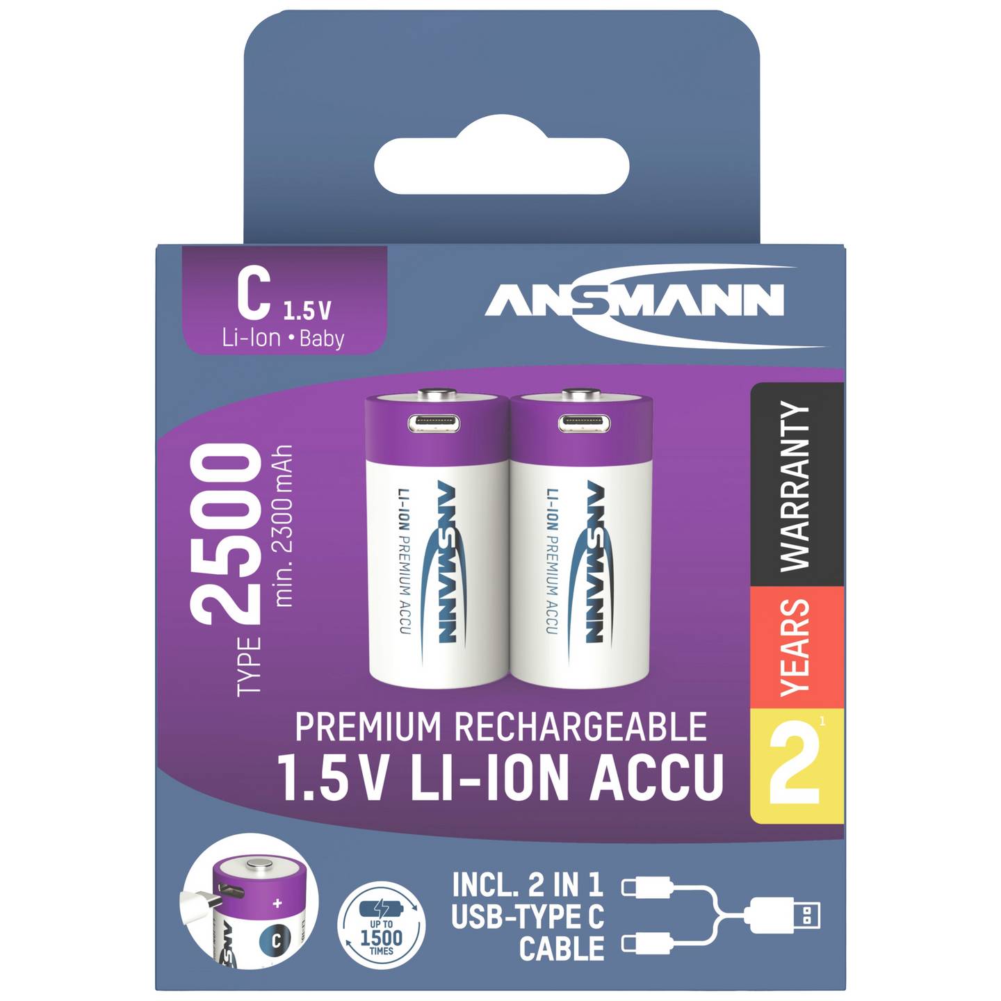 Ansmann Baby Akku HR14 Li-Ion USB-C Akku Batterie 2500 mAh 1,5V Kabel 2er-Set - 4013674193981