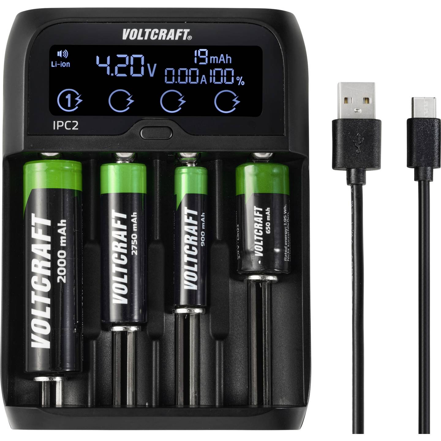 Voltcraft Rundzellen-Ladegerät IPC-2 NiMH NiCd LiIon LiFePO 4-fach USB 2000mA - 4053199938469