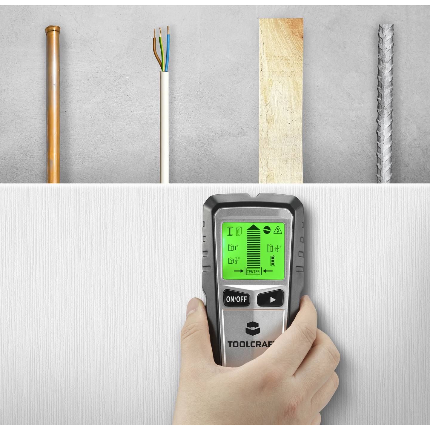 TOOLCRAFT Ortungsgerät LCD 60m Ortungsgerät Detektor für Holz Metall Kabel - 4064161333687