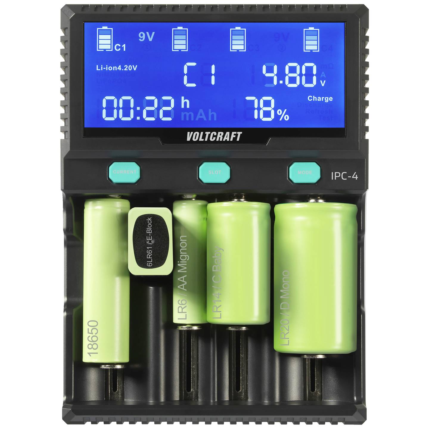 VOLTCRAFT IPC-4 Rundzellen-Ladegerät für LiIon NiMH NiCd AA AAA - 4064161255309