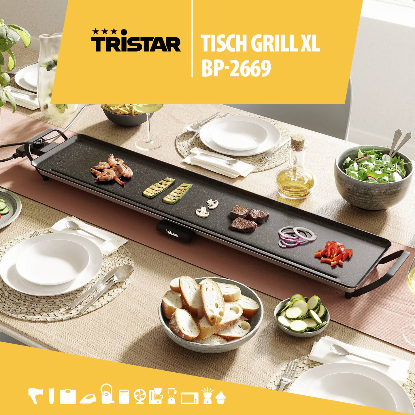 Tristar Elektro Grillplatte Slim XXL BP-2670 Tischgrill 1800W schwarz 100x22cm - 8712836987944