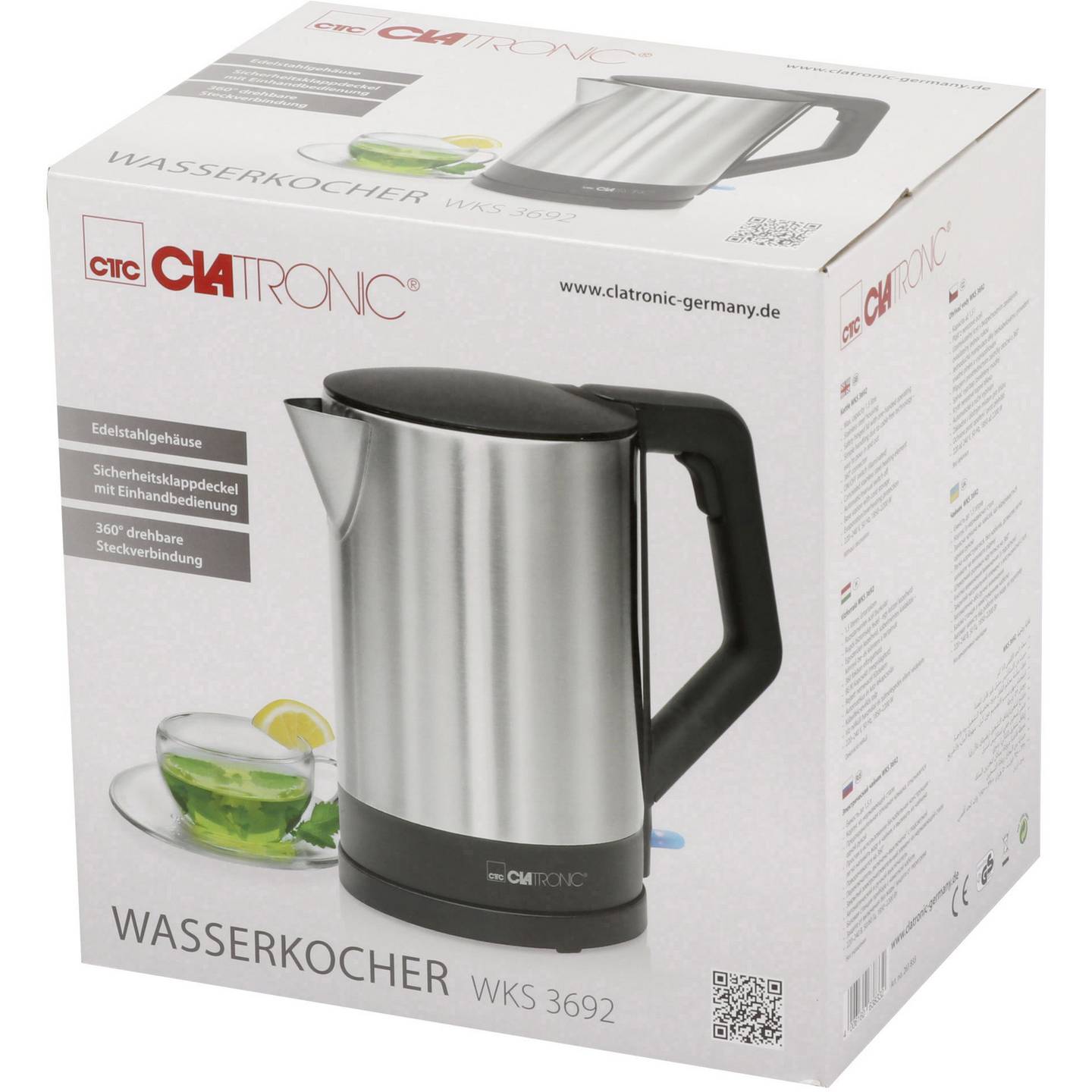 Clatronic WKS 3692 Wasserkocher 1,5 L 2200 W Schwarz Edelstahl - 4006160638332
