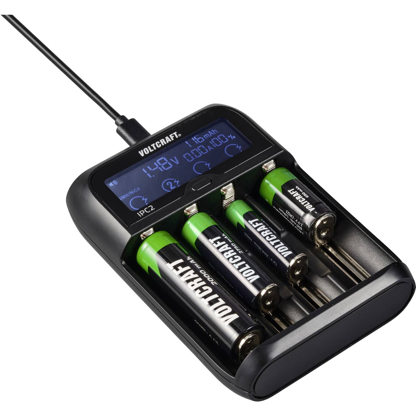 Voltcraft Rundzellen-Ladegerät IPC-2 NiMH NiCd LiIon LiFePO 4-fach USB 2000mA - 4053199938469