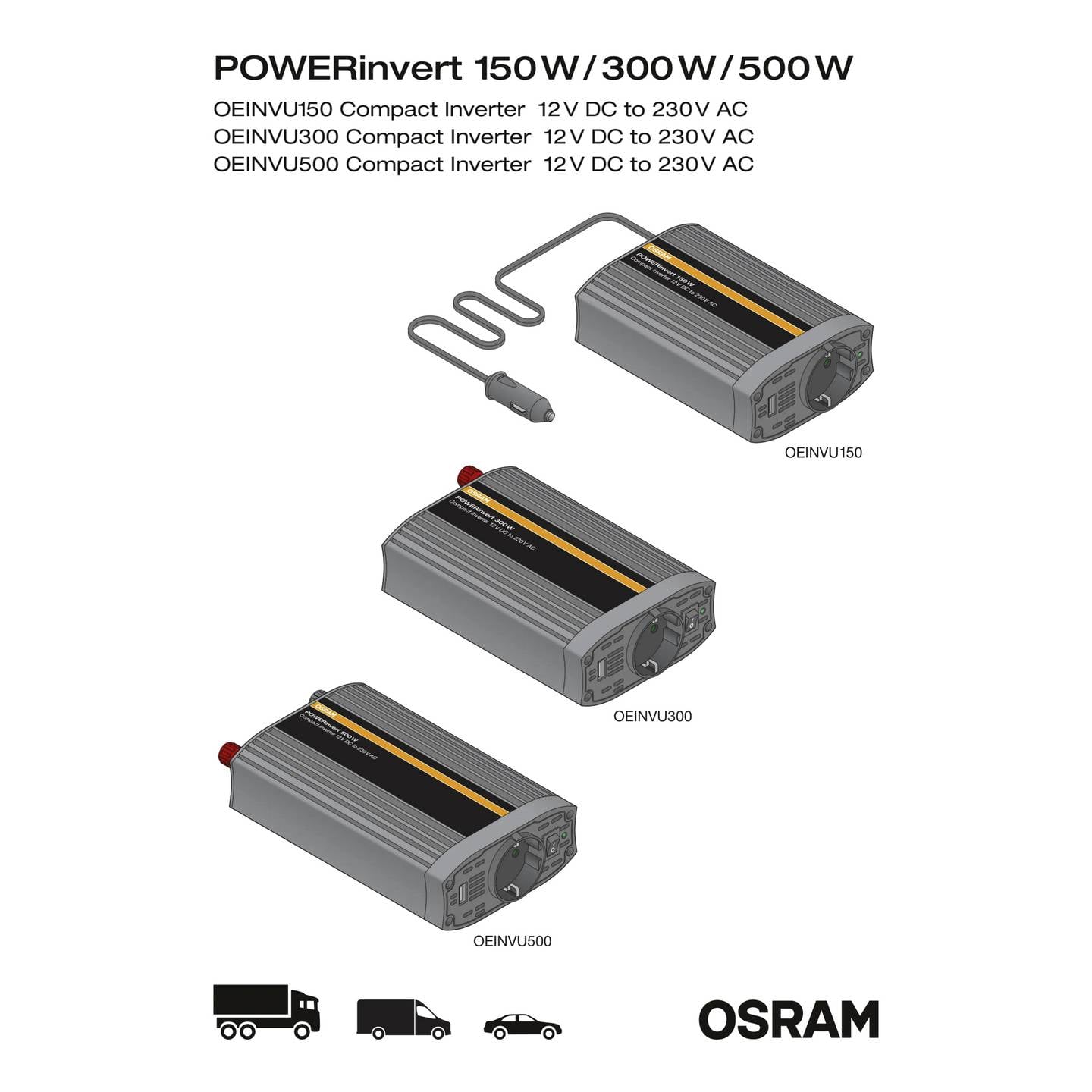 OSRAM POWERinvert 300W Wechselrichter 12V DC auf 230V AC mit Schutzfunktionen - 4062172406598