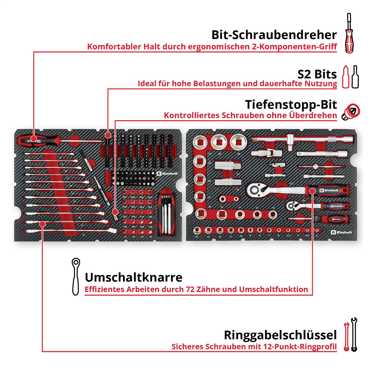 Einhell 201-tlg Werkzeugkoffer Allrounder 370513 bestückt rot-schwarz - 4009313705134