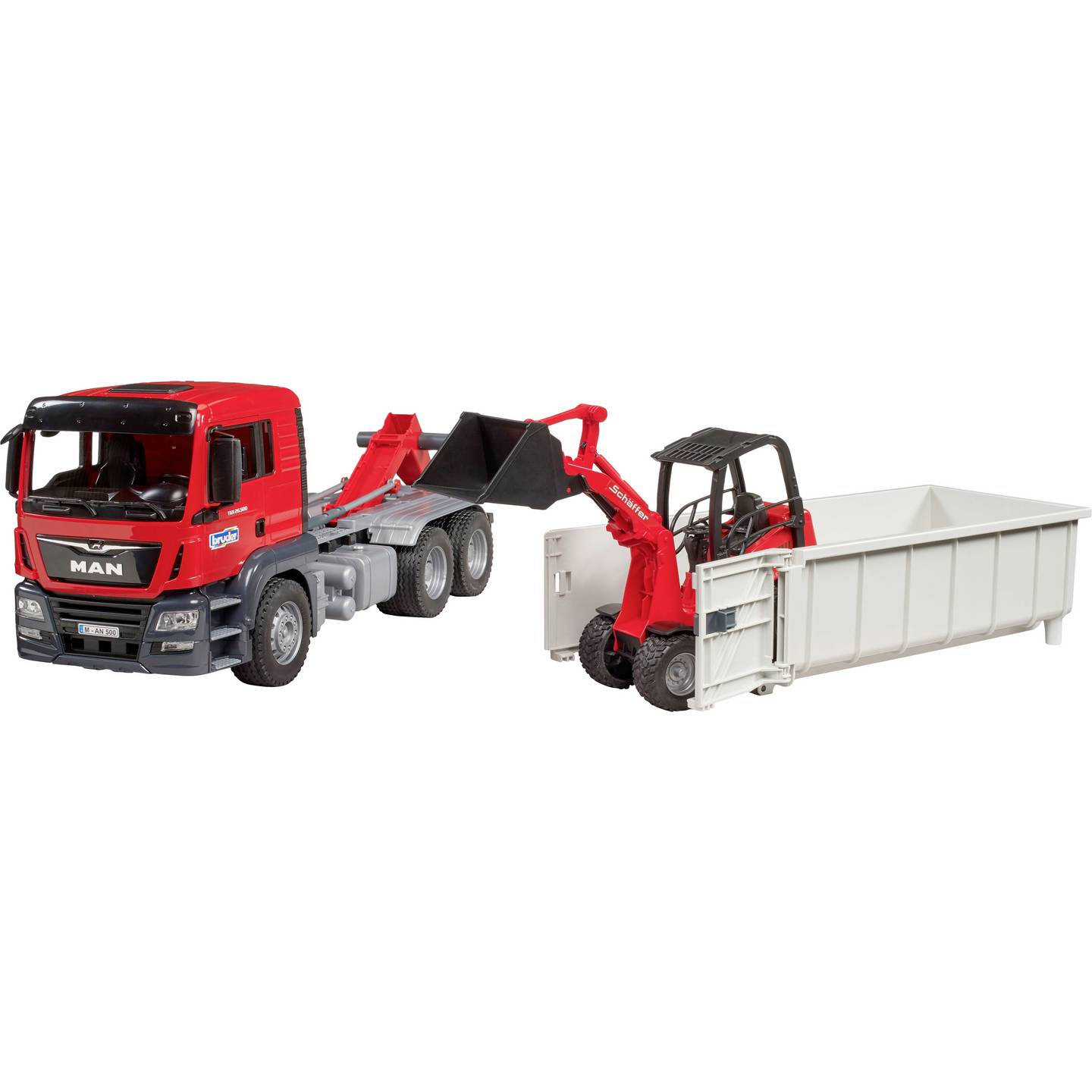 Bruder LKW Modell MAN TGS Abrollcontainer Schäffer Hoflader Spielzeug 1:16 - 4001702037673