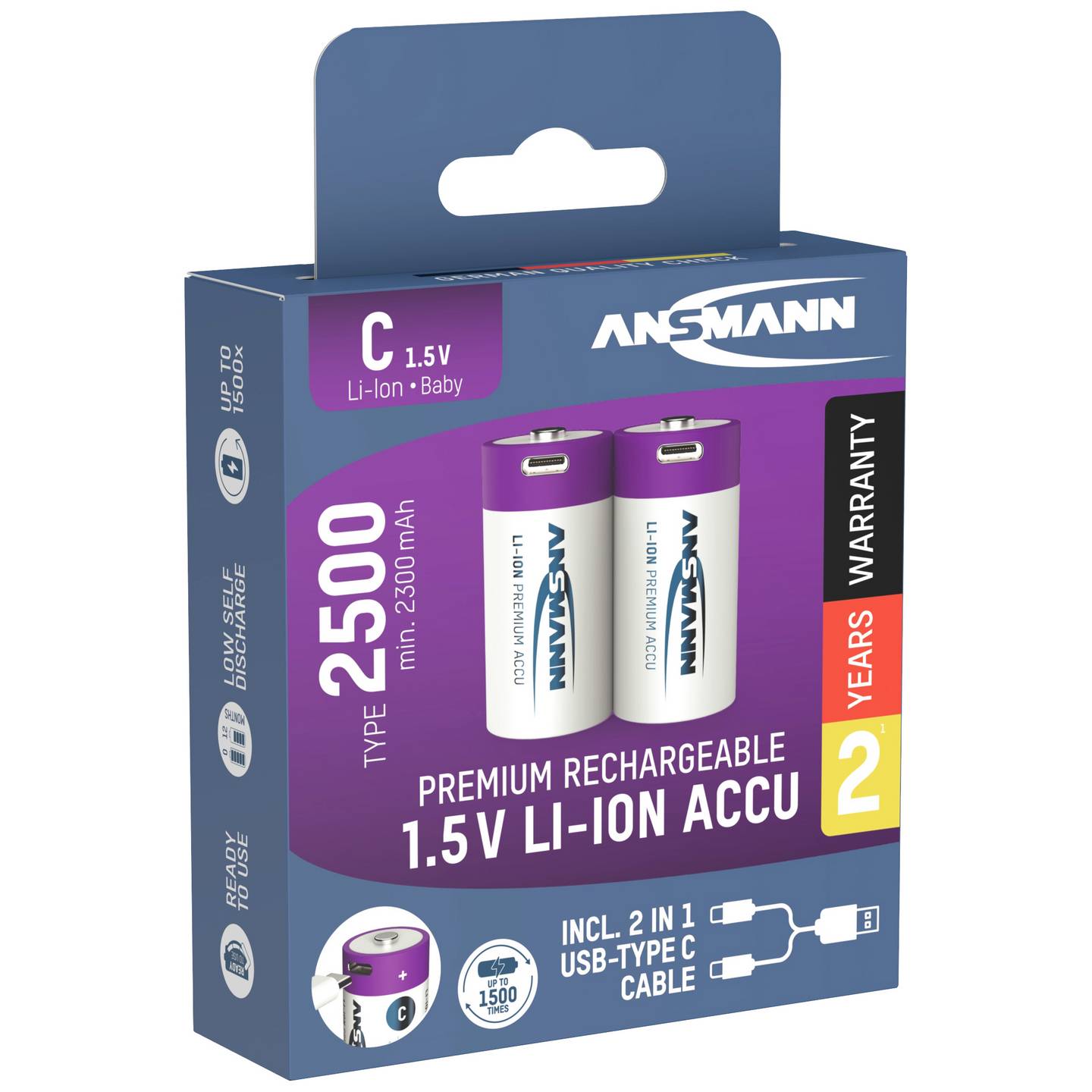 Ansmann Baby Akku HR14 Li-Ion USB-C Akku Batterie 2500 mAh 1,5V Kabel 2er-Set - 4013674193981