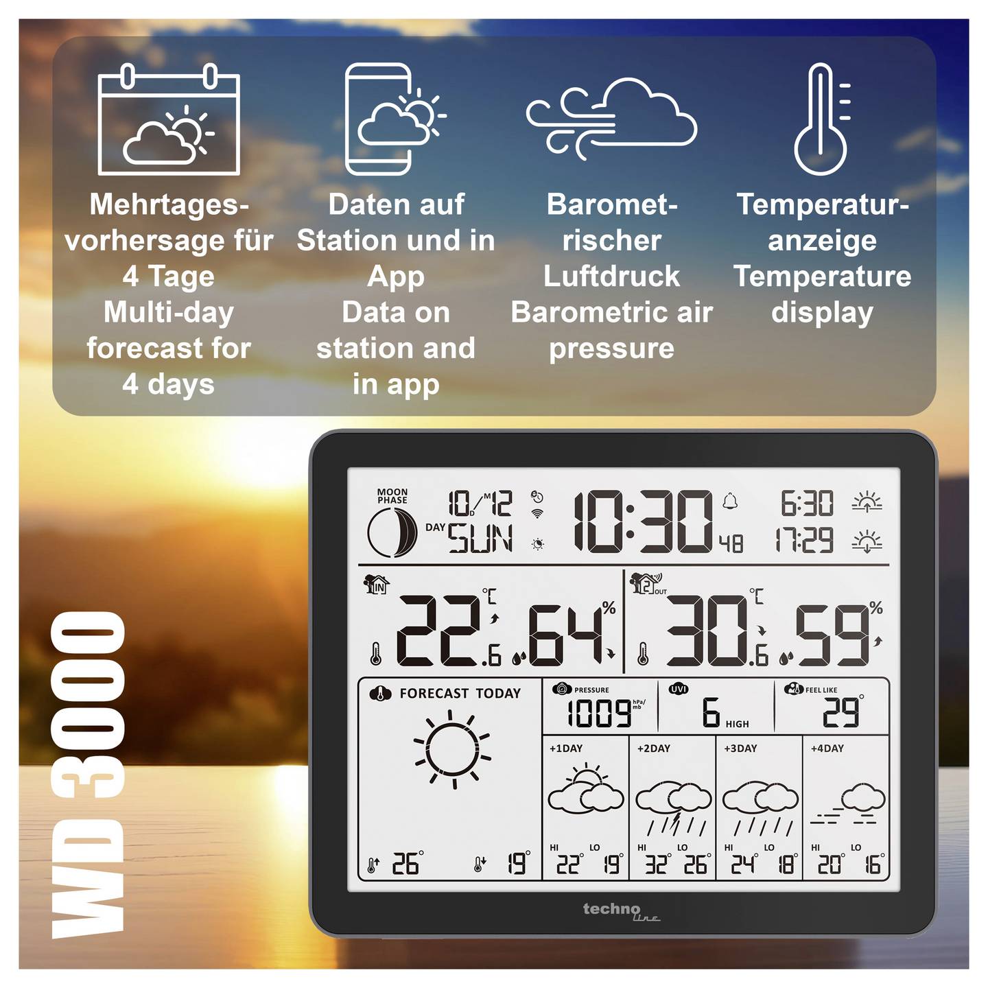 Techno Line WLAN Wetterstation WD3000 Wettervorhersage 4 Tage schwarz 172x140mm - 4029665430010