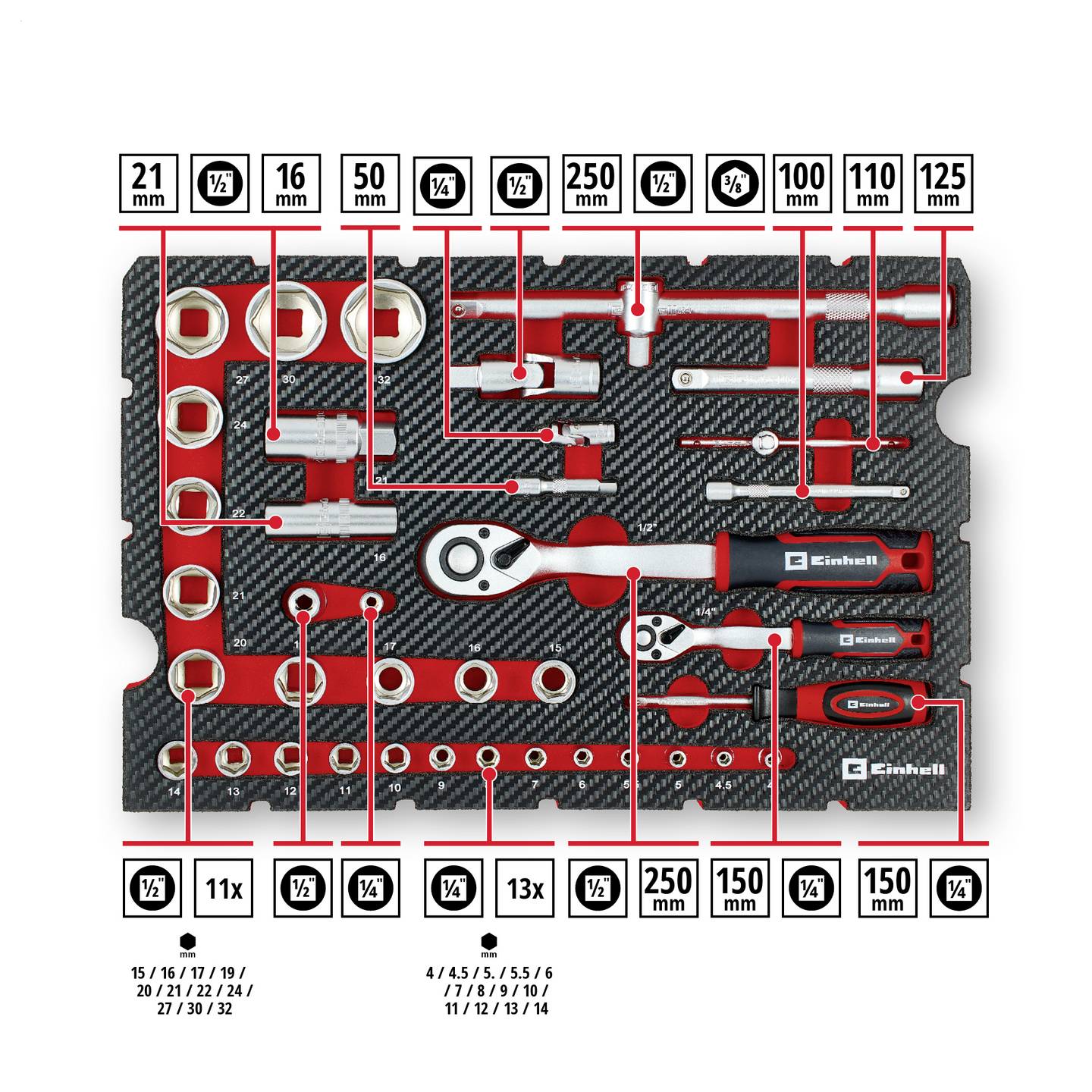 Einhell 201-tlg Werkzeugkoffer Allrounder 370513 bestückt rot-schwarz - 4009313705134