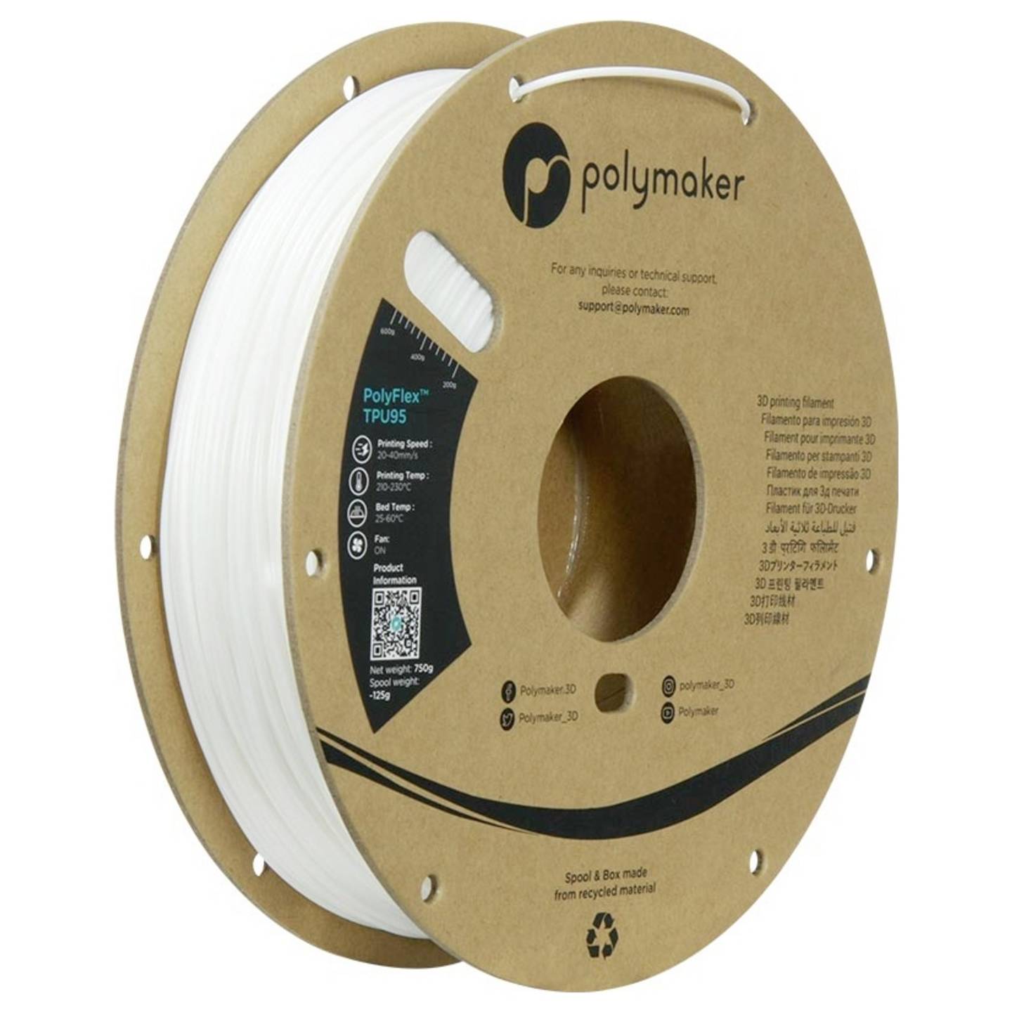 Polymaker Filament PolyFlex TPU-95A flexibel 1,75mm 750g weiß 3D-Druckmaterial - 6938936710608