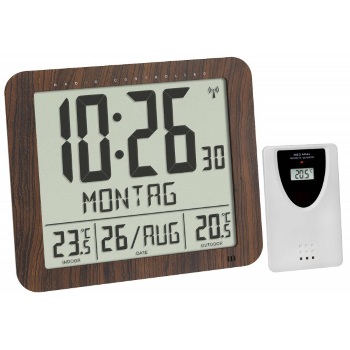 TFA Dostmann Wanduhr Funk Holz digital Temperaturanzeige 24h Alarm 24.8x20.6cm - 4009816036520