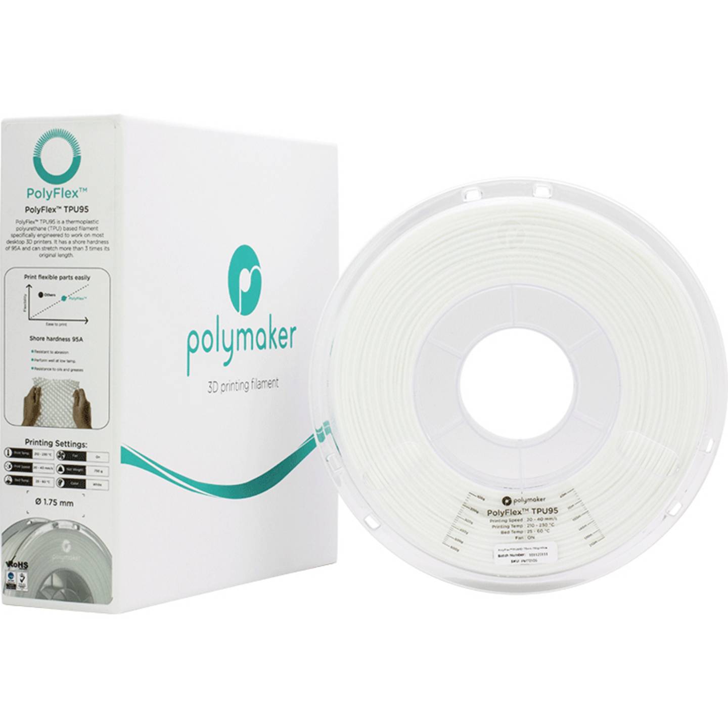 Polymaker Filament PolyFlex TPU-95A flexibel 1,75mm 750g weiß 3D-Druckmaterial - 6938936710608