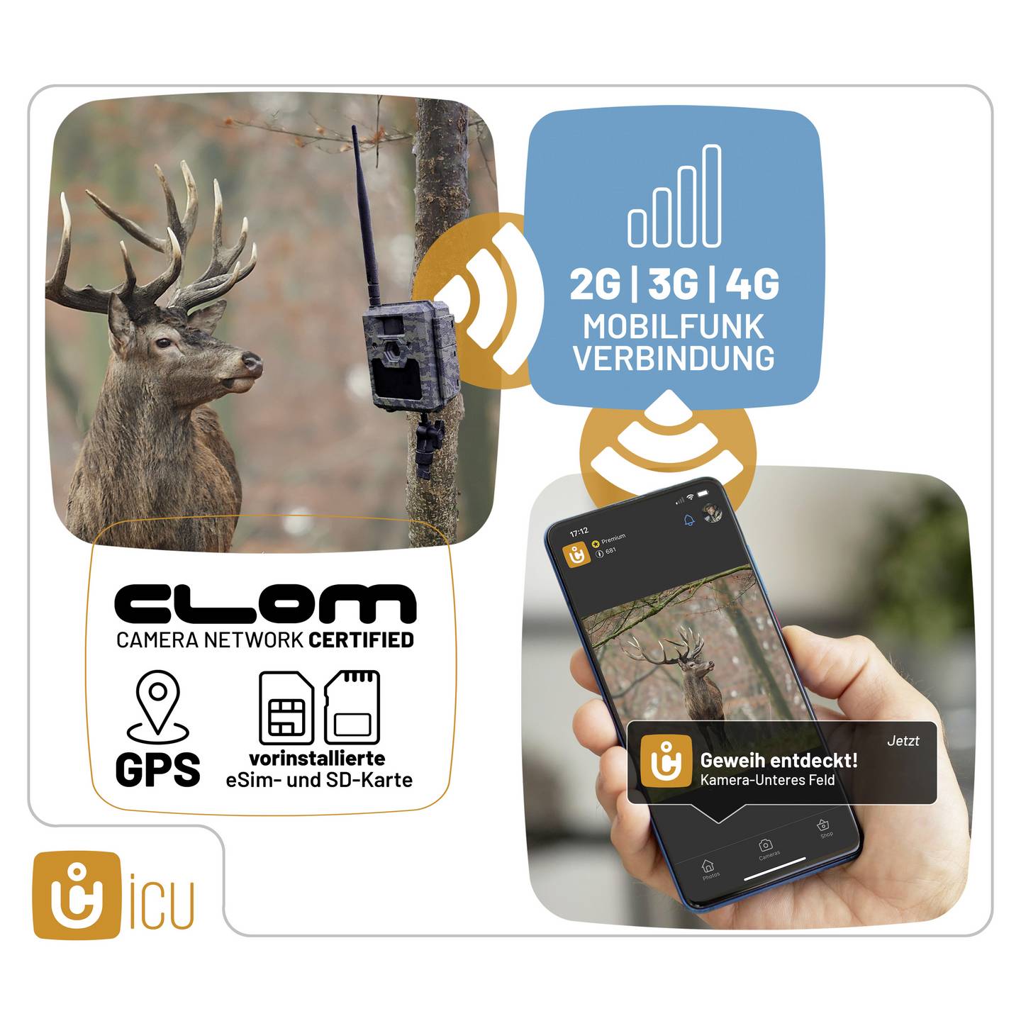 ICU CLOM Cam-S Wildkamera 12 MP mit Nachtsicht und 16 GB SD-Karte - 9120076881097