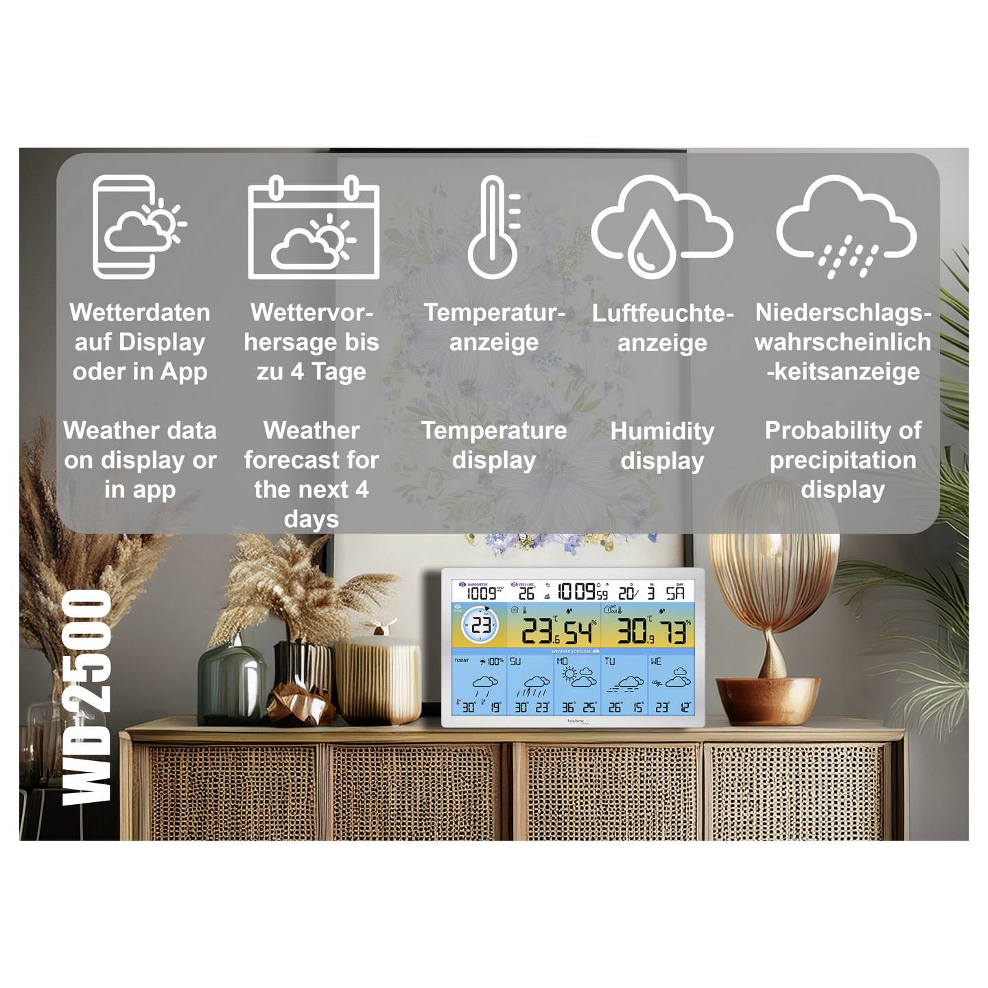 Techno Line Funk-Wetterstation WD2500 WLAN Wetterdaten max. 3 Sensoren digital - 4029665425009