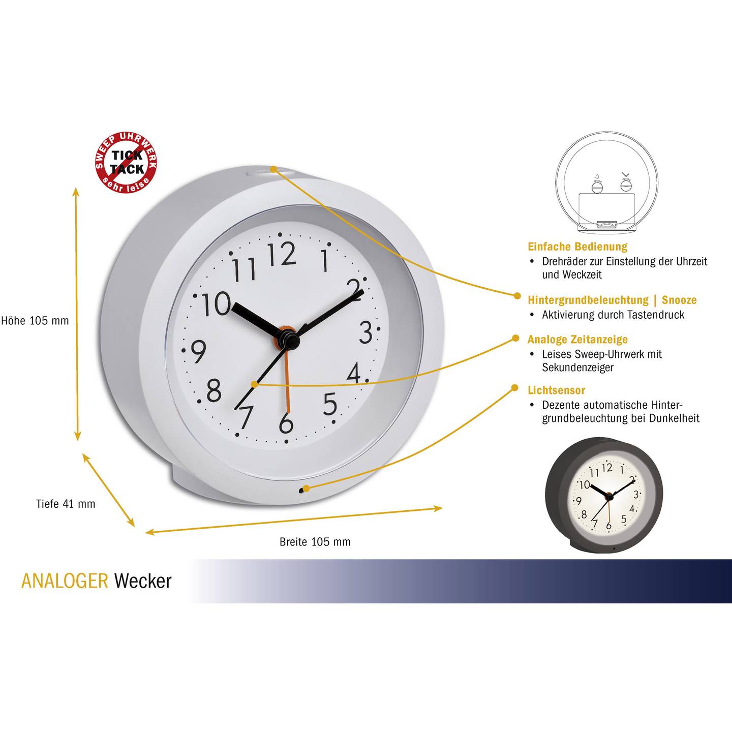 TFA Dostmann 60.1029.02 Quarz Wecker Weiß Alarmzeiten 1 Leisegang-Uhrwerk - 4009816032195