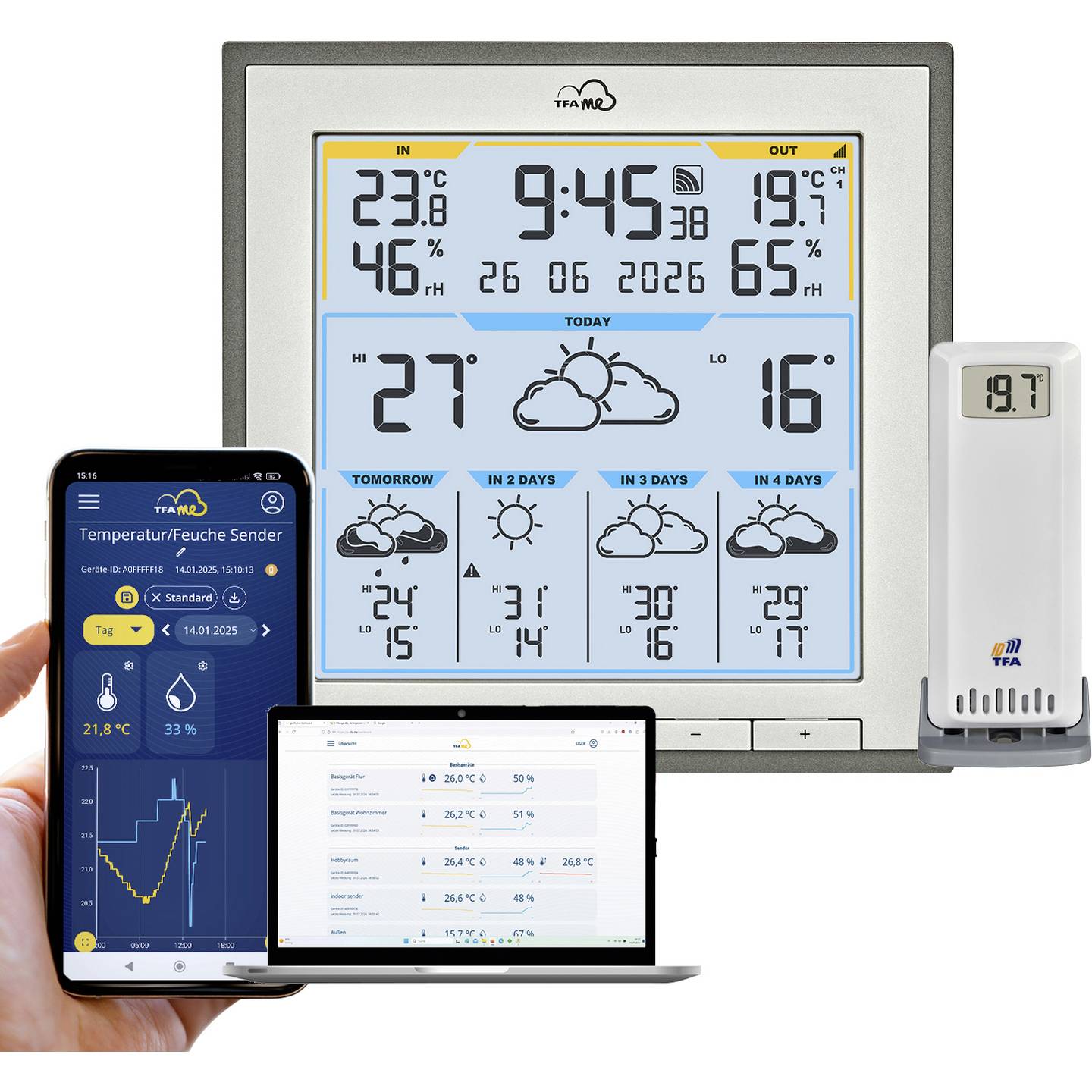 TFA Dostmann WLAN-Wetterstation TFA.me ID-08 5 Tage Vorhersage max 50 Sensoren - 4009816044129
