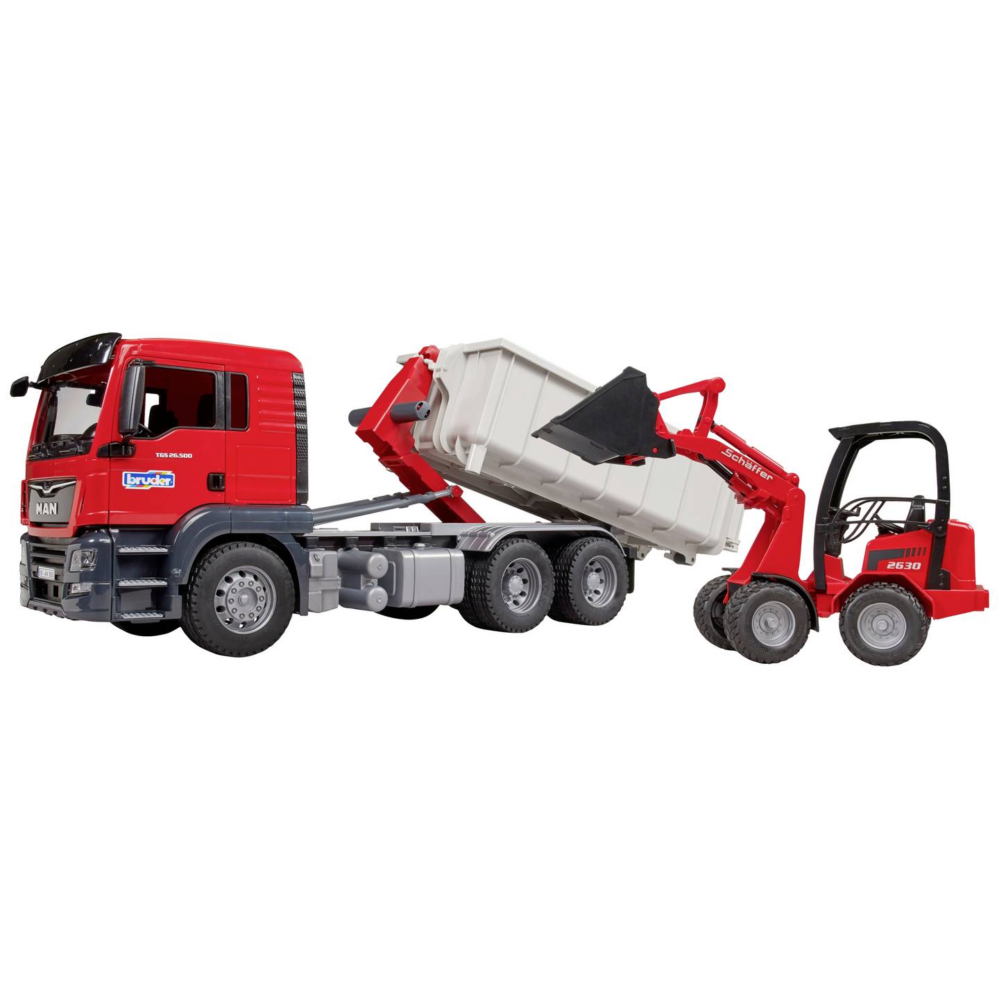 Bruder LKW Modell MAN TGS Abrollcontainer Schäffer Hoflader Spielzeug 1:16 - 4001702037673
