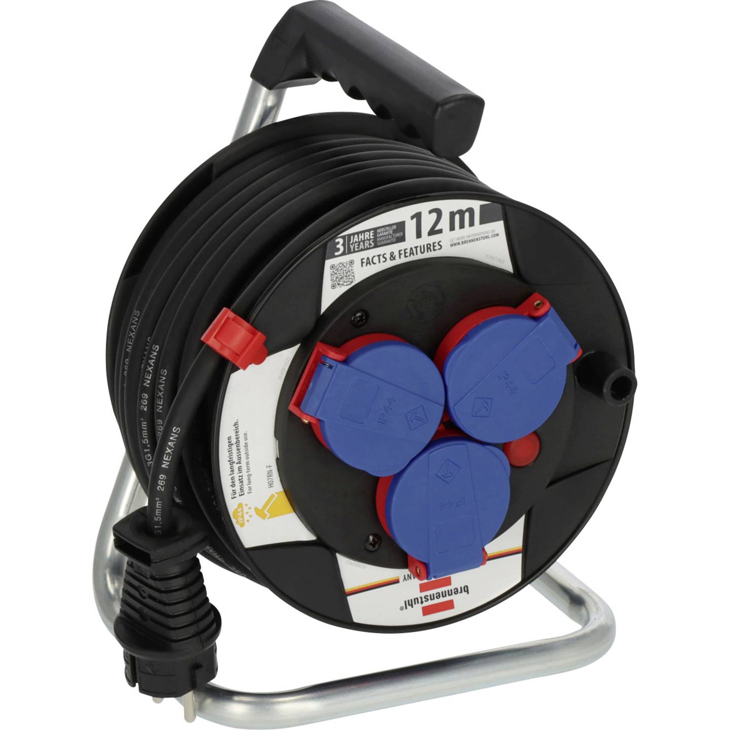 Brennenstuhl Kabeltrommel 12m Schwarz Verlängerungskabel 3 Steckdosen IP44 16A - 4007123688586