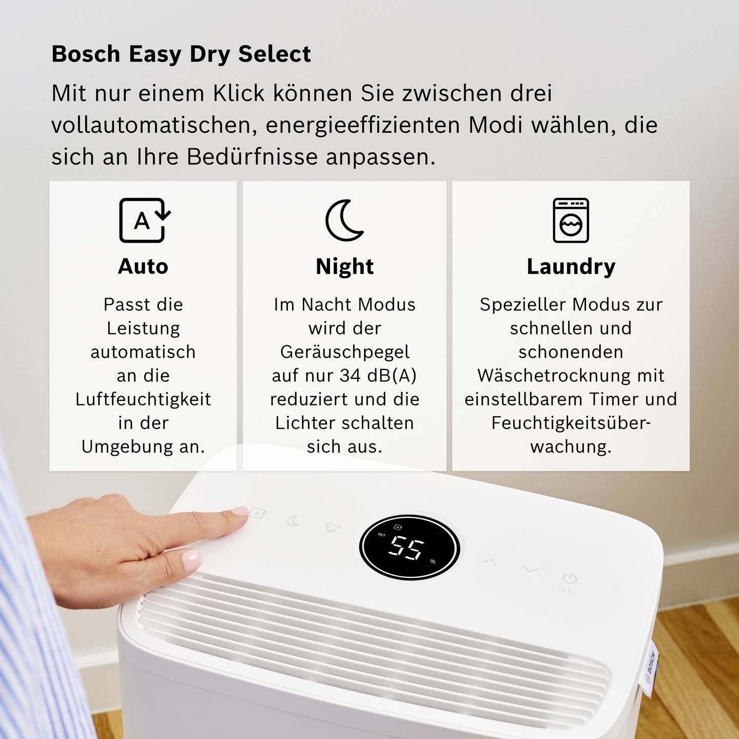 Bosch Luftentfeuchter DRY 1000 10 l/Tag für Räume bis 40 m³, leise 36 dB - 4069143047750