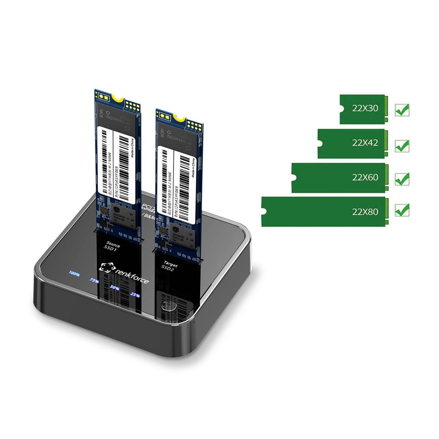 Renkforce Festplatten-Kopierstation M.2 PCIe NVMe 1:1 Kopie Clone-Funktion 8TB - 4064161395012