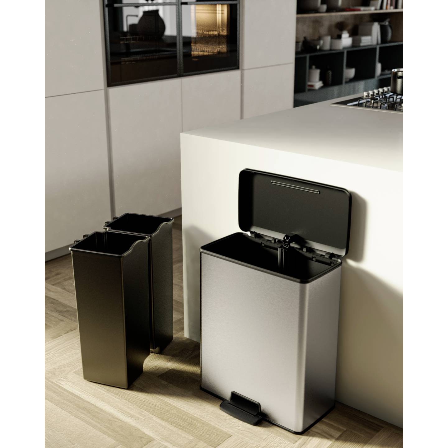 Curver Mülleimer Deco Bin Slim 52l Abfallbehälter Hygienisch Silber Schwarz - 3253924839974
