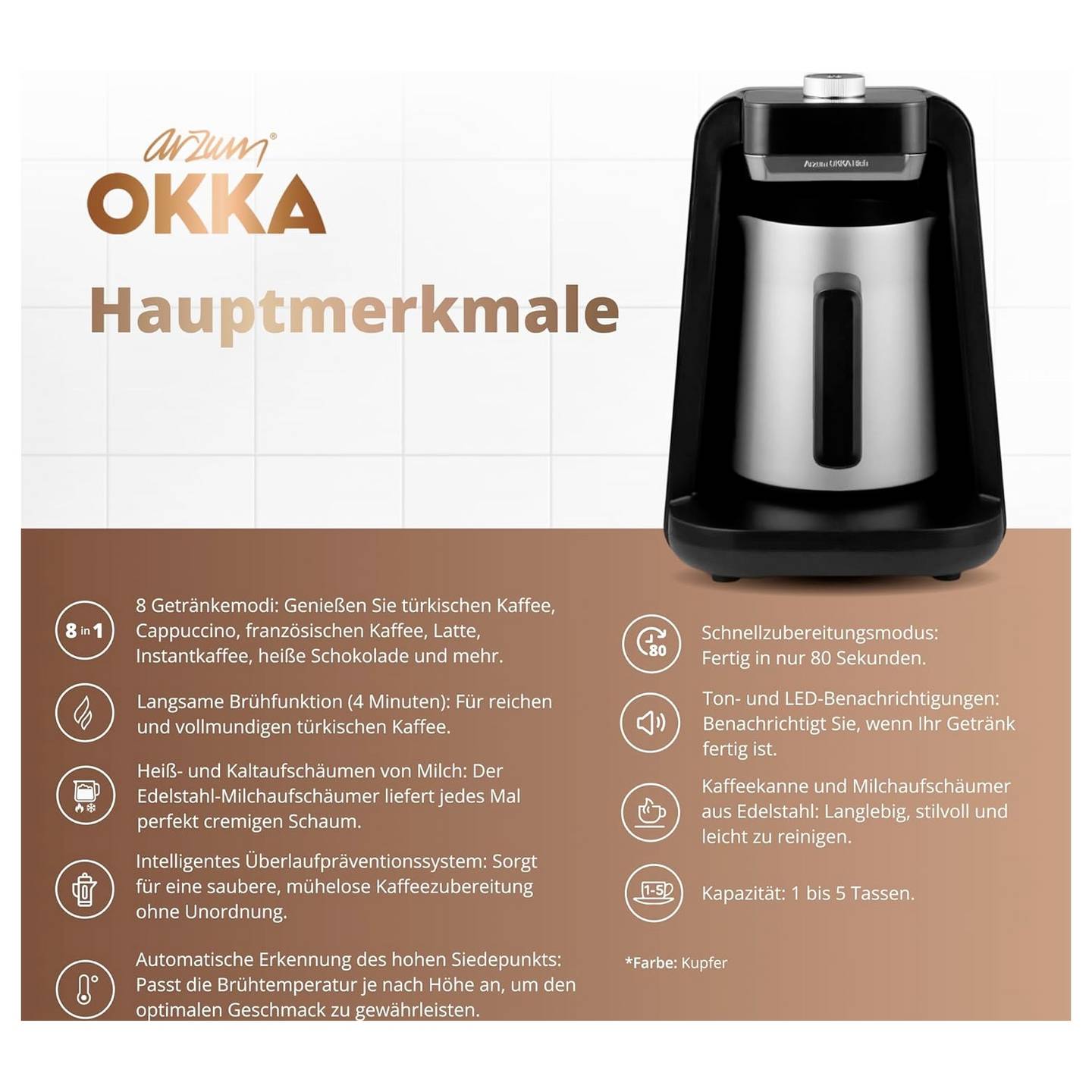 Arzum Kaffeemaschine Mokkakocher Espressokanne Milchaufschäumer Bronze 5 Tassen - 8693184916650