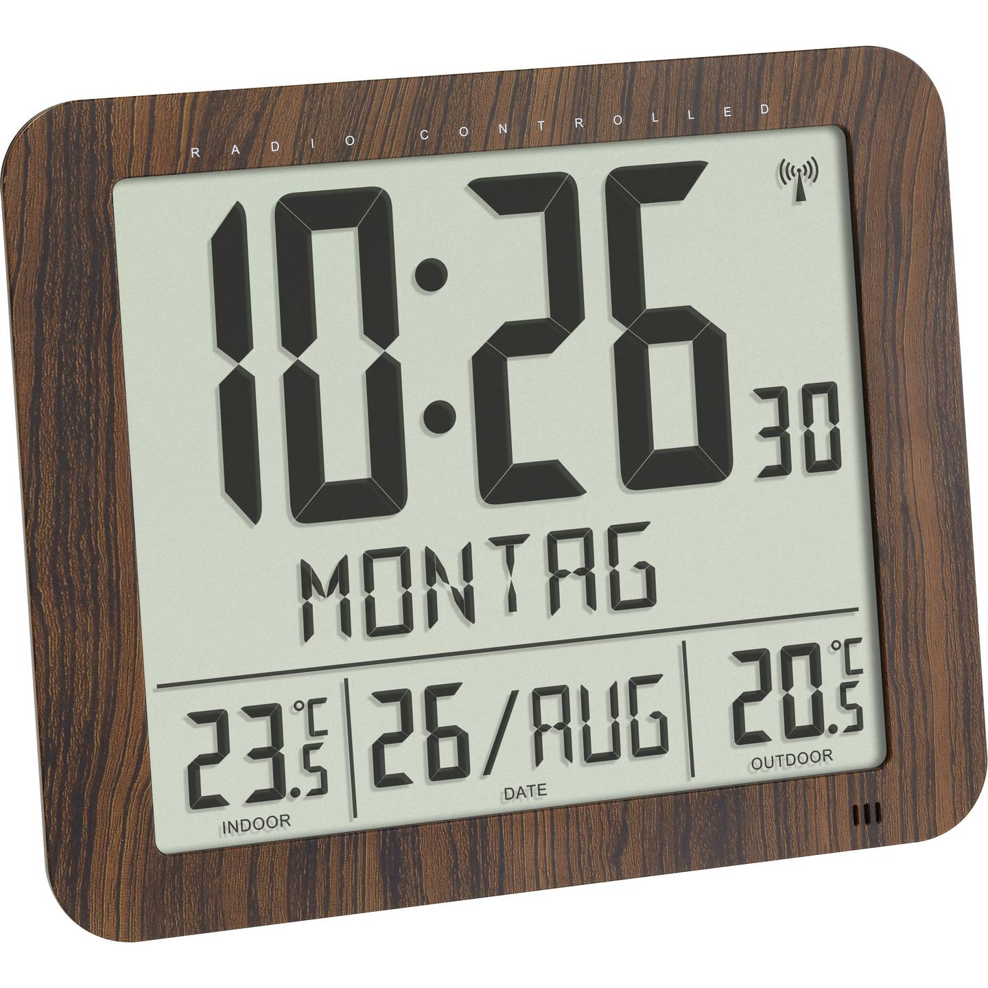 TFA Dostmann Wanduhr Funk Holz digital Temperaturanzeige 24h Alarm 24.8x20.6cm - 4009816036520