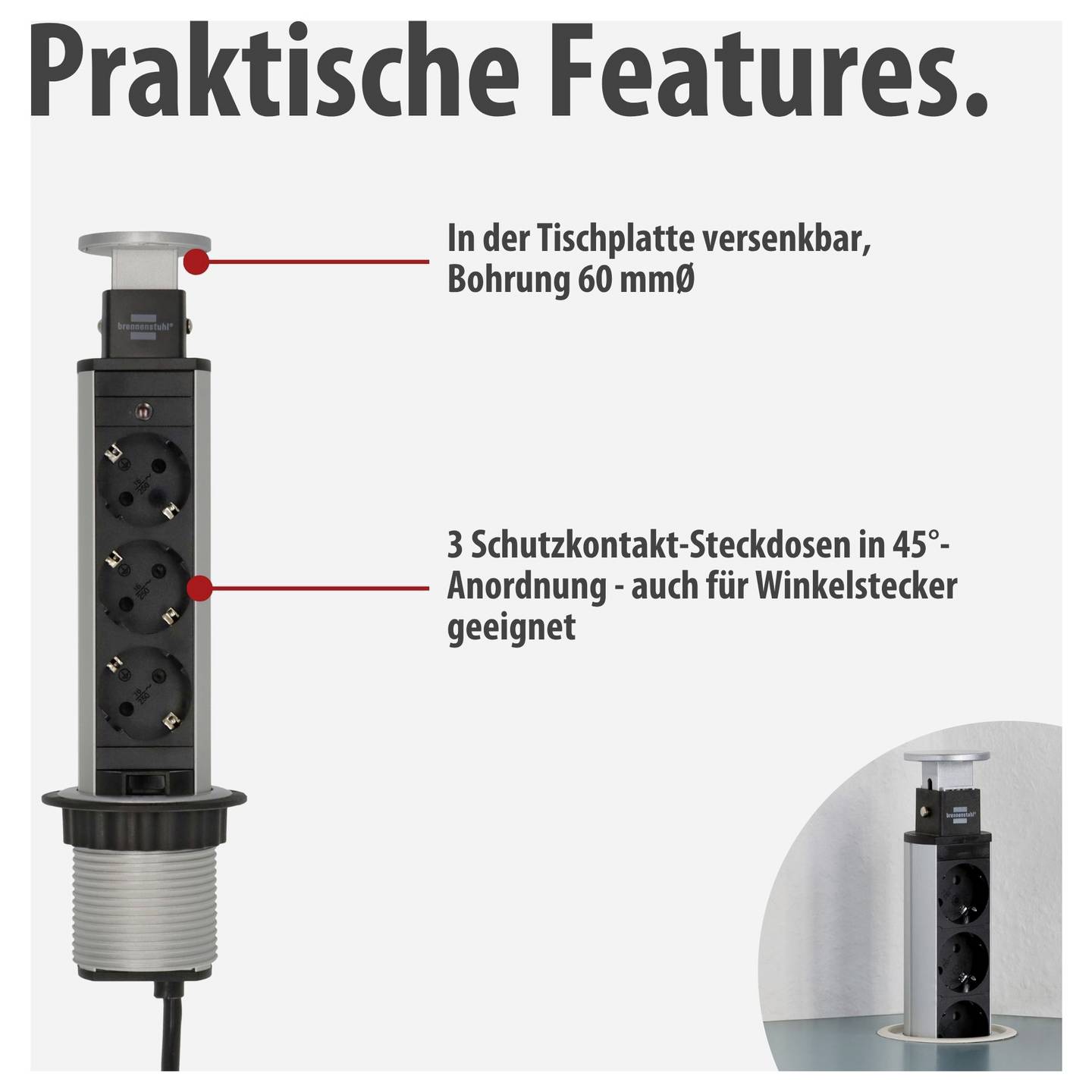 Brennenstuhl Steckdosenturm 3-fach Tischsteckdose versenkbar Aluminium Schwarz - 4007123632855