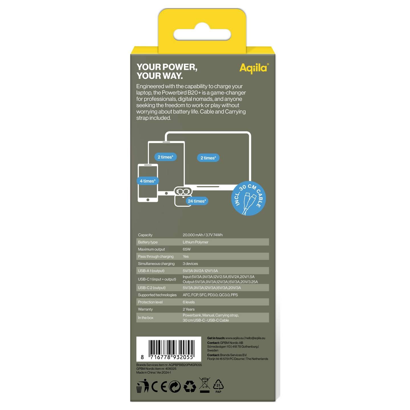 Aqiila Powerbank 20000 mAh LiPo Akku Ladegerät USB-A USB-C schwarz tragbar 3A - 8716778931966