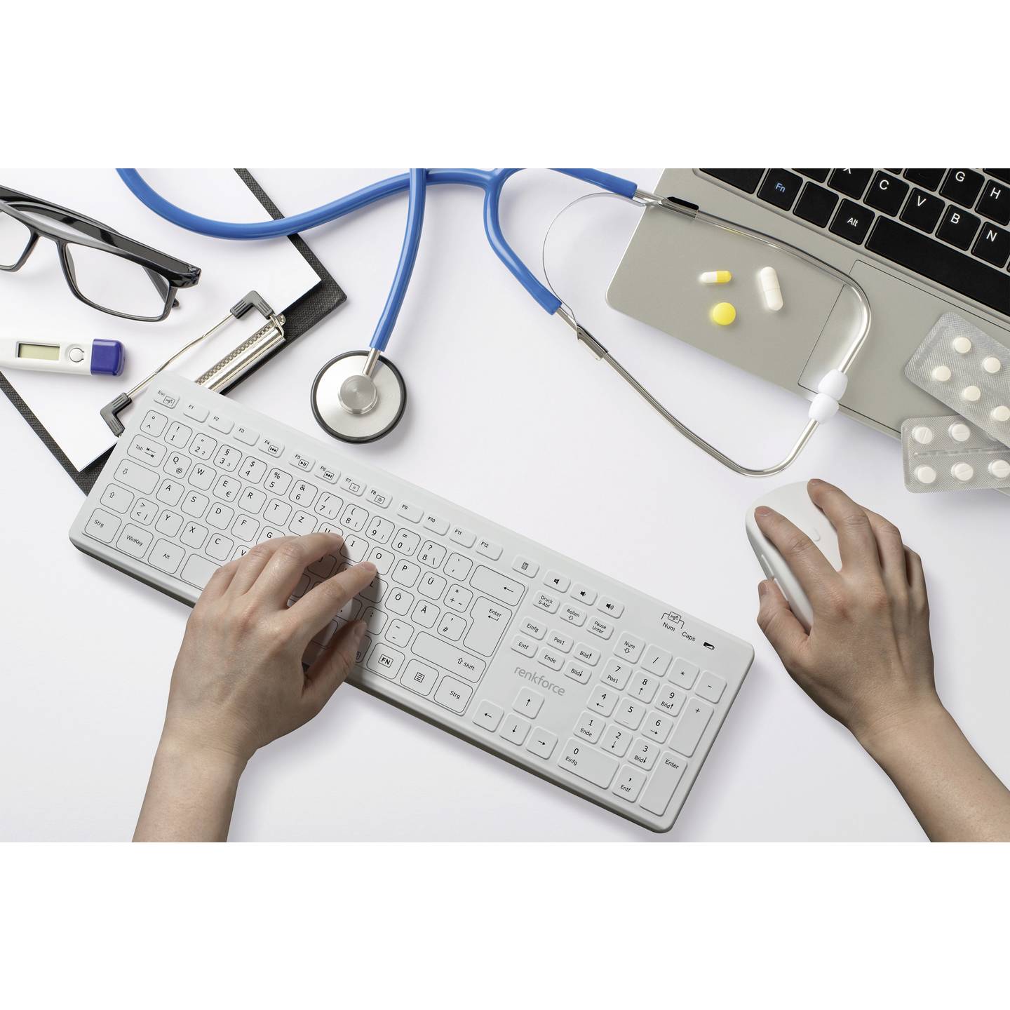 Renkforce Hygiene-Tastatur RF-WRK-300 Kabellos Spritzwassergeschützt Weiß - 4064161336985