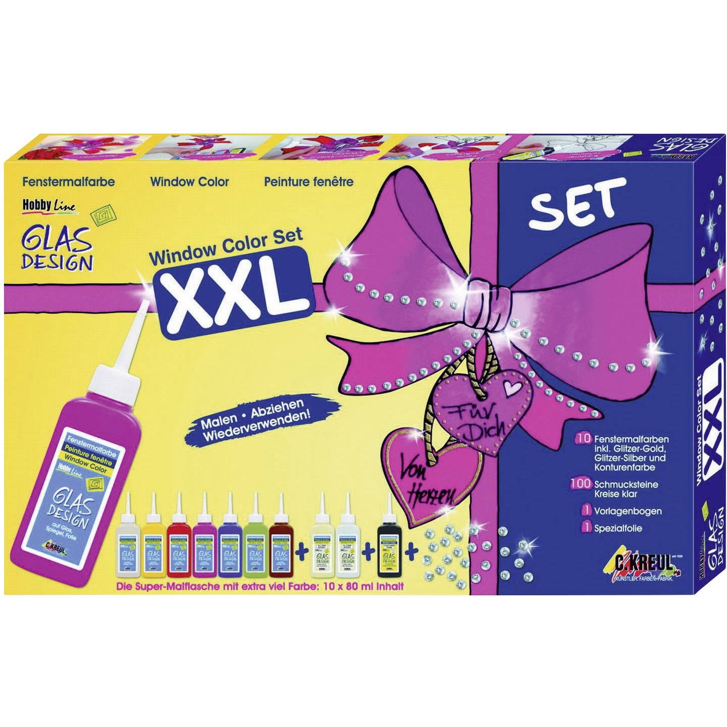 Vedes Fensterfarben Set XXL 9 Farben Konturenfarbe Schmucksteine Basteln Kinder - 4000798428495