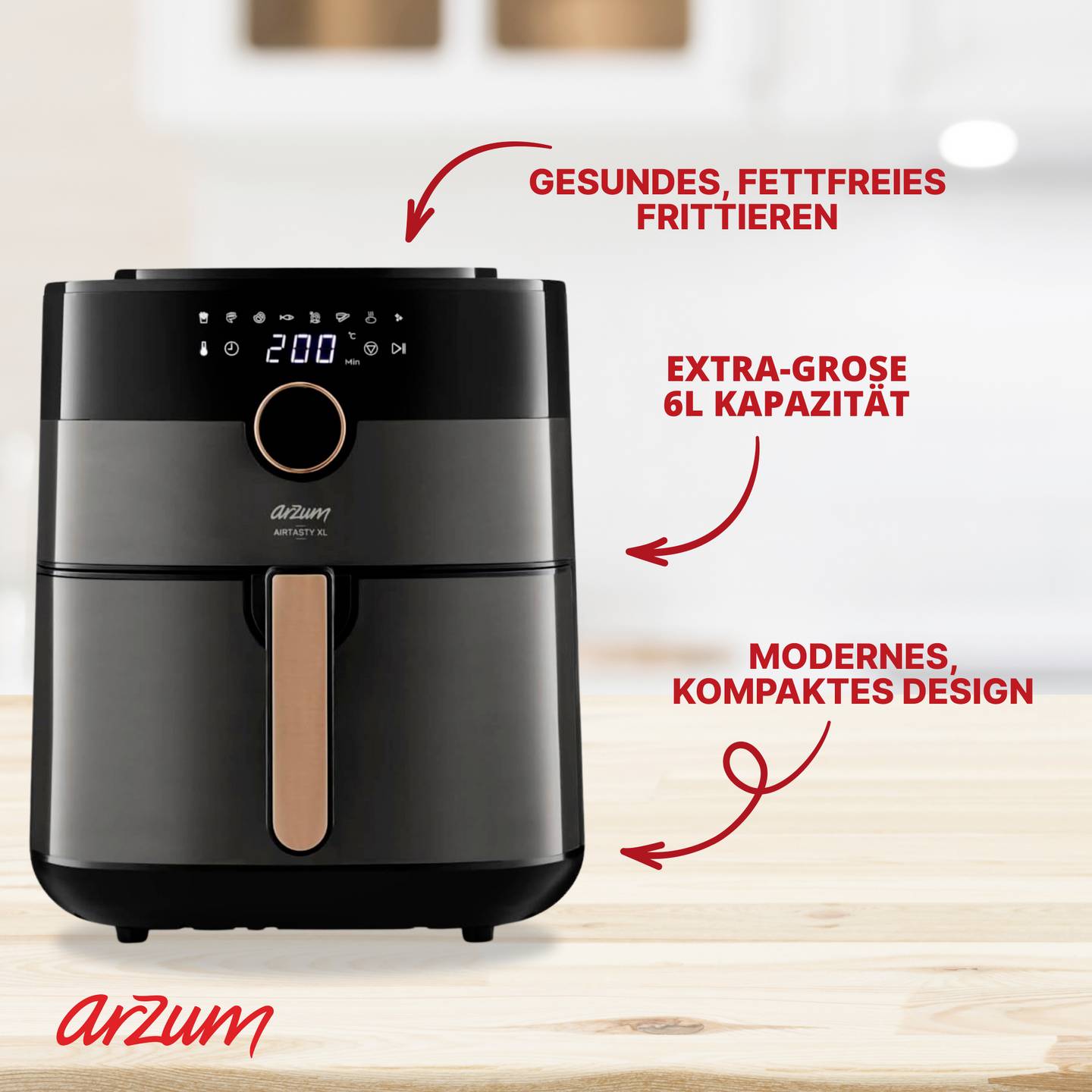 arzum Heißluftfritteuse Airfryer Fritteuse 6l 1750W Display Timer Schwarz - 8693184917350