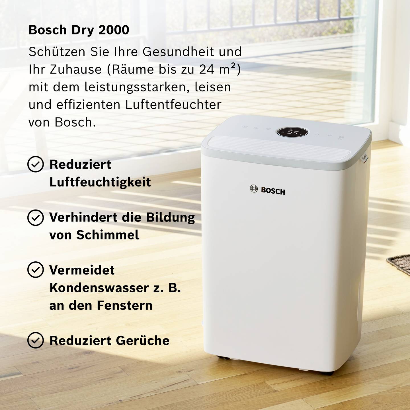 Bosch Luftentfeuchter DRY 2000 12L/Tag für Räume bis 55m³ leise 35dB Weiß - 4069143047767