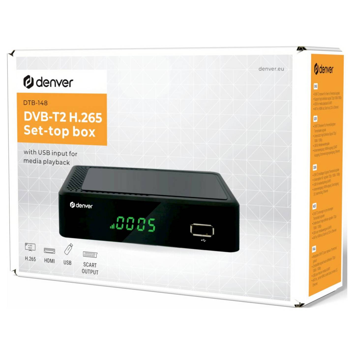 Denver DTB-148 DVB-T2 Receiver mit Aufnahmefunktion und Ethernet-Anschluss - 5706751075247