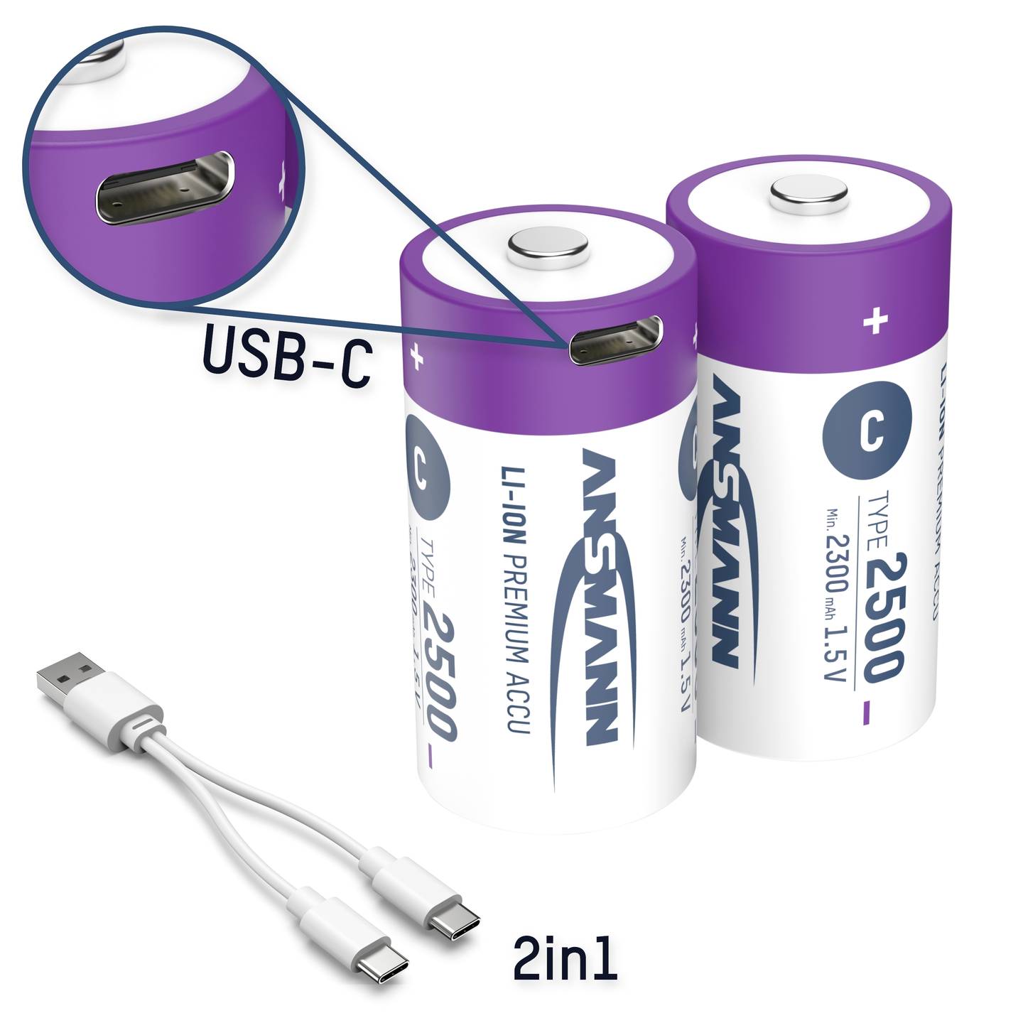 Ansmann Baby Akku HR14 Li-Ion USB-C Akku Batterie 2500 mAh 1,5V Kabel 2er-Set - 4013674193981