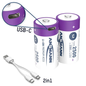 B-Ware Ansmann Baby Akku HR14 Li-Ion USB-C Akku Batterie 2500 mAh 1,5V Kabel 2er-Set