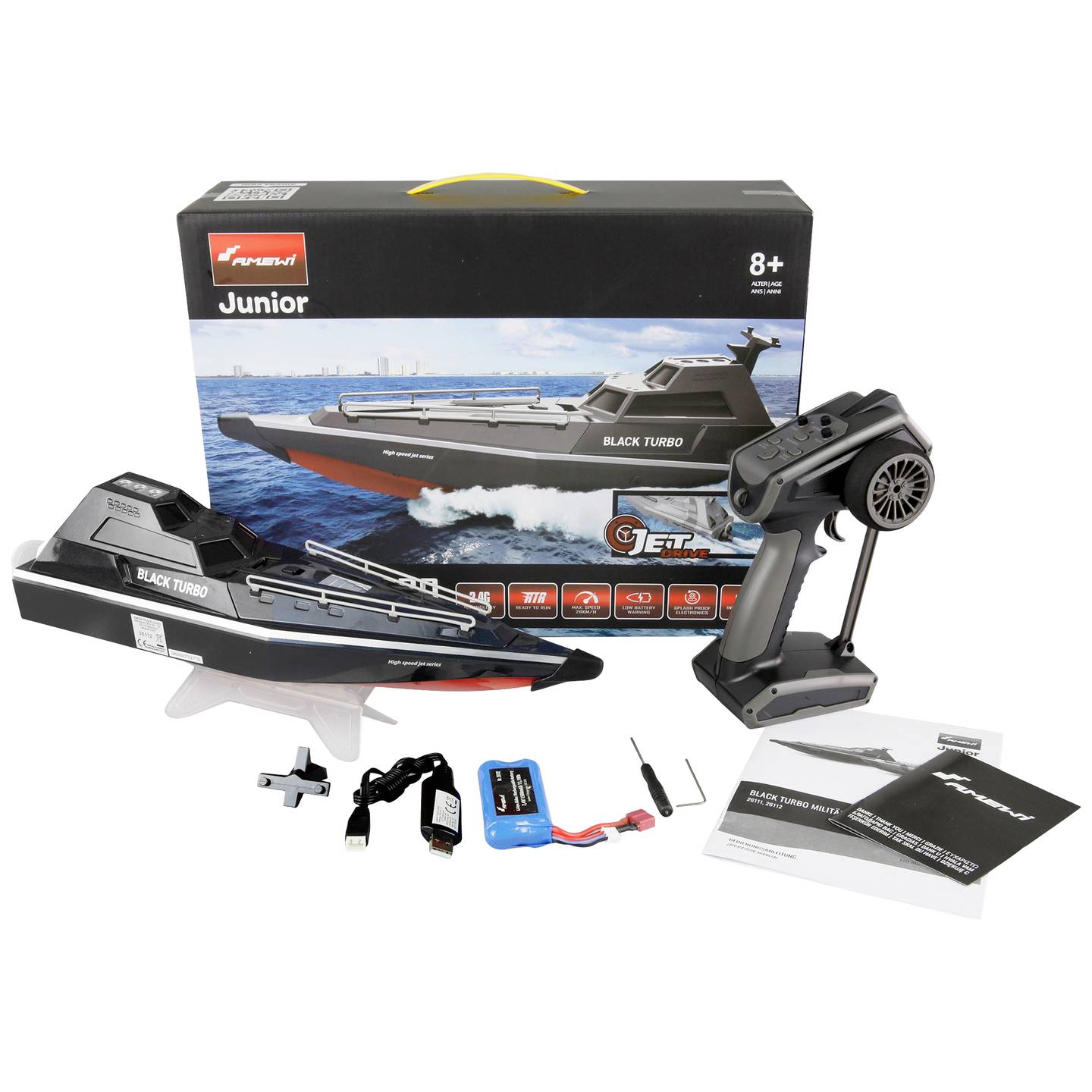 Amewi Black Turbo Speedboot Jetantrieb 420 RC Motorboot bis 28 km/h - 4262408975199