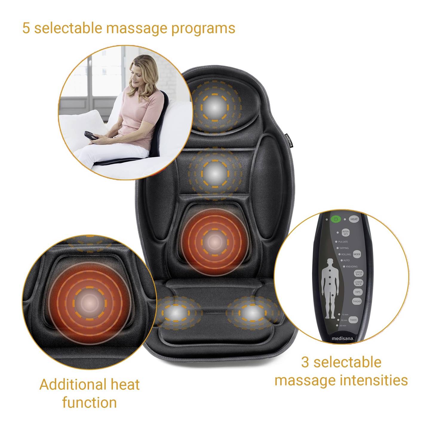 Medisana Massagesitzauflage MCH Schwarz Heizkörper Massagefunktion 9,6W 5 Stufen - 4015588889356