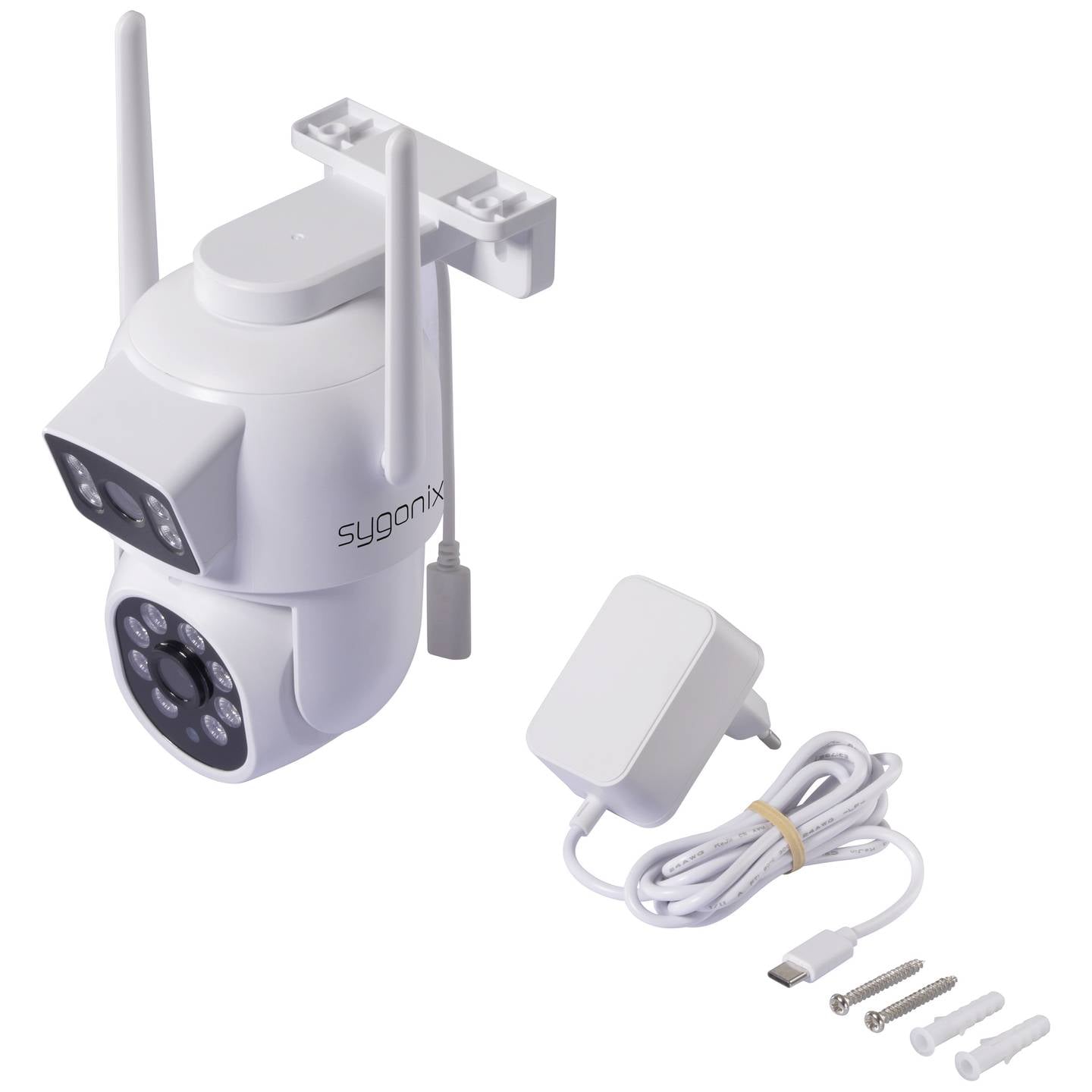 Sygonix WLAN IP Überwachungskamera 1920x1080 Pixel mit 2 Objektiven weiß IP65 - 4064161323237
