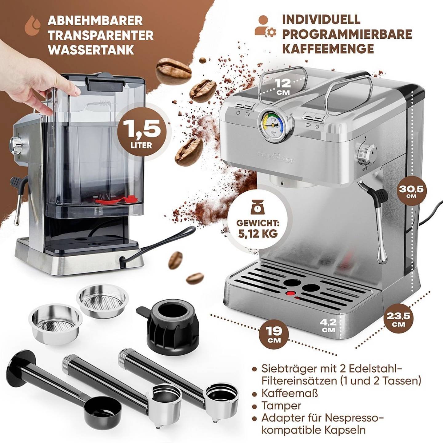 Profi Cook PC-ES KA 1267 INOX Espressomaschine Kaffeeautomat Edelstahl Kaffee - 4006160012675